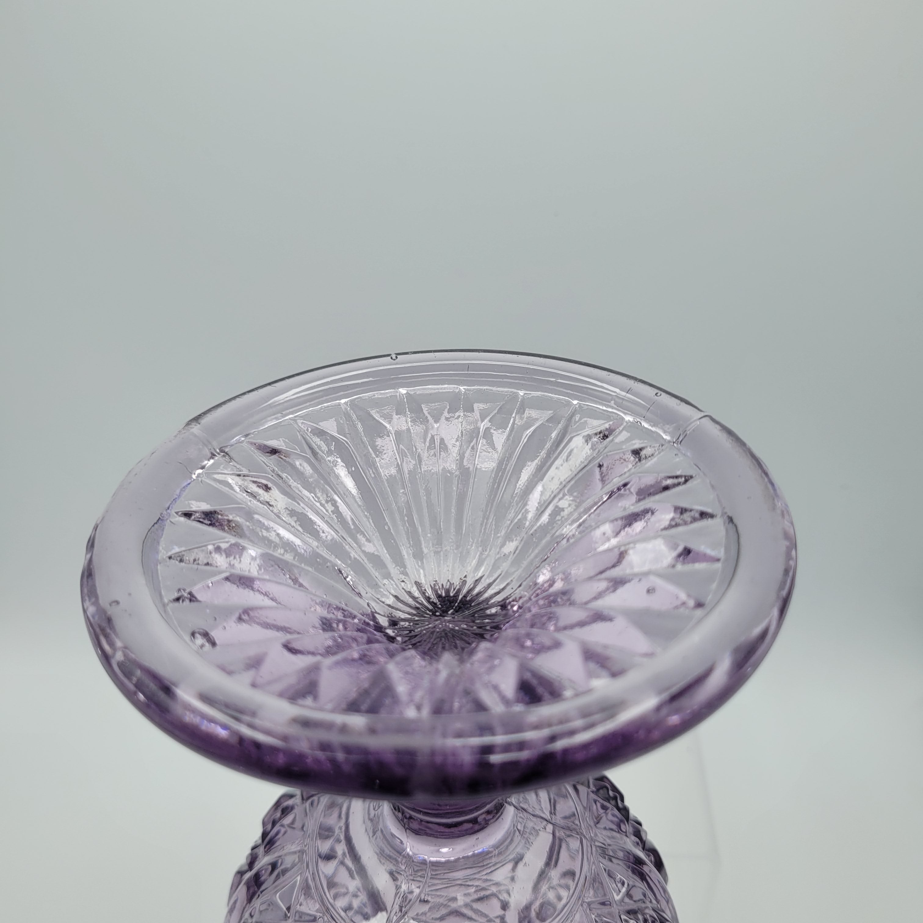 Amethyst Pressed Glass Pedestal Vase – 28cm Tall, Diamond & Fan Pattern, c.1930s–50s British