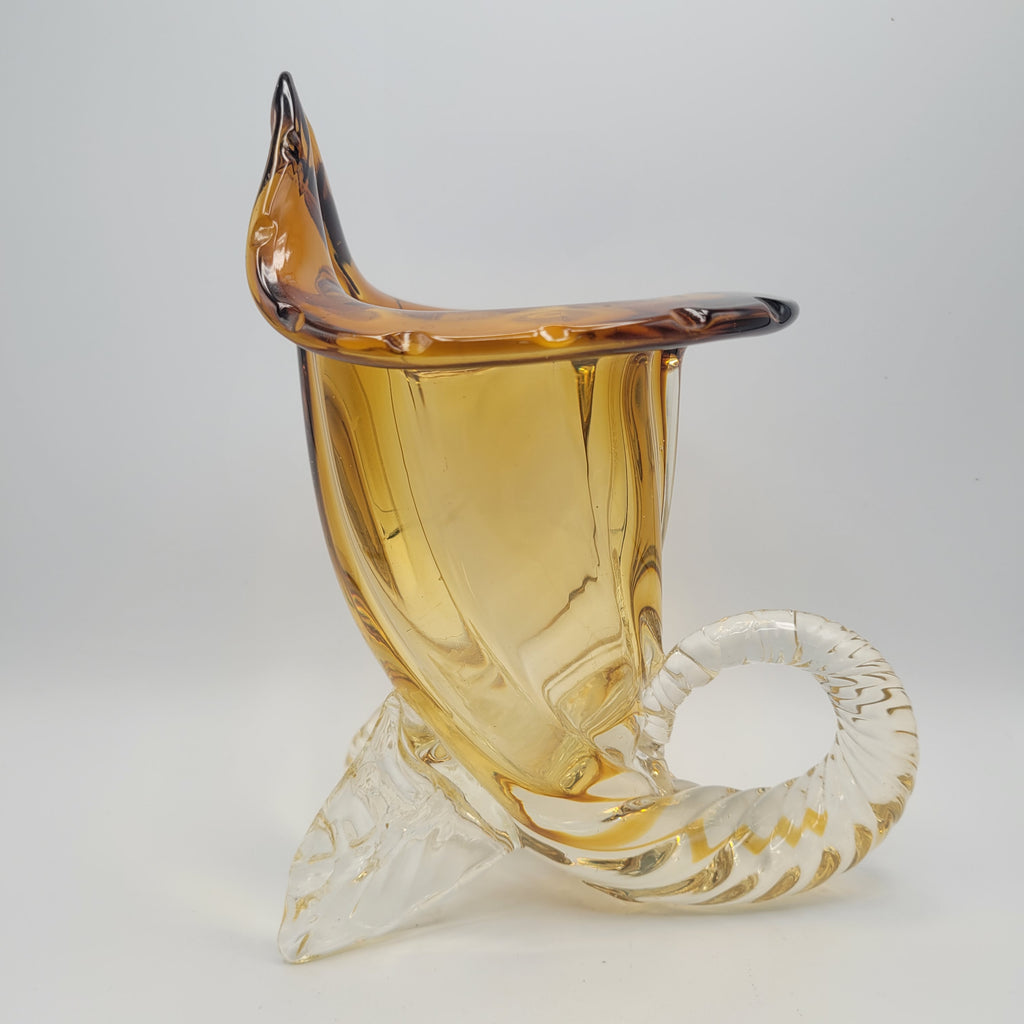 Vintage hand-blown art glass Cornucopia "Horn of Plenty" Murano School. Unmarked. Amber & Clear Vase. 1950S-1960S