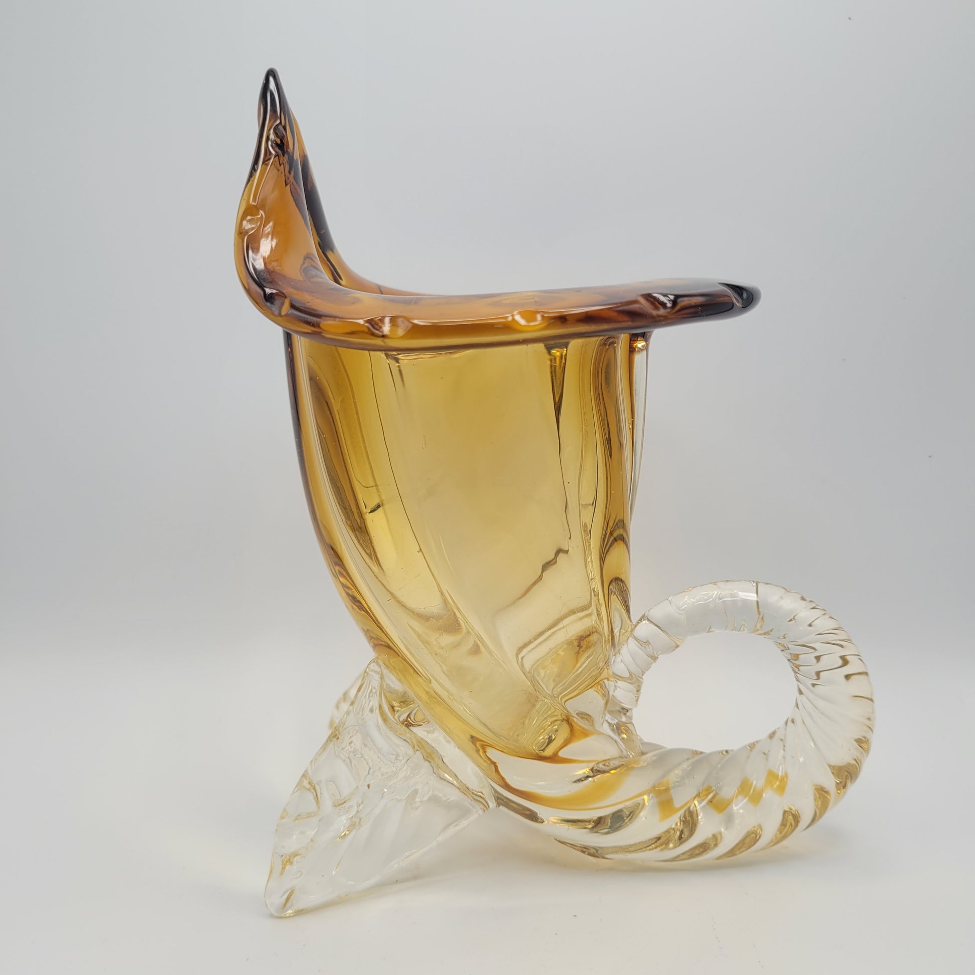 Vintage hand-blown art glass Cornucopia "Horn of Plenty" Murano School. Unmarked. Amber & Clear Vase. 1950S-1960S