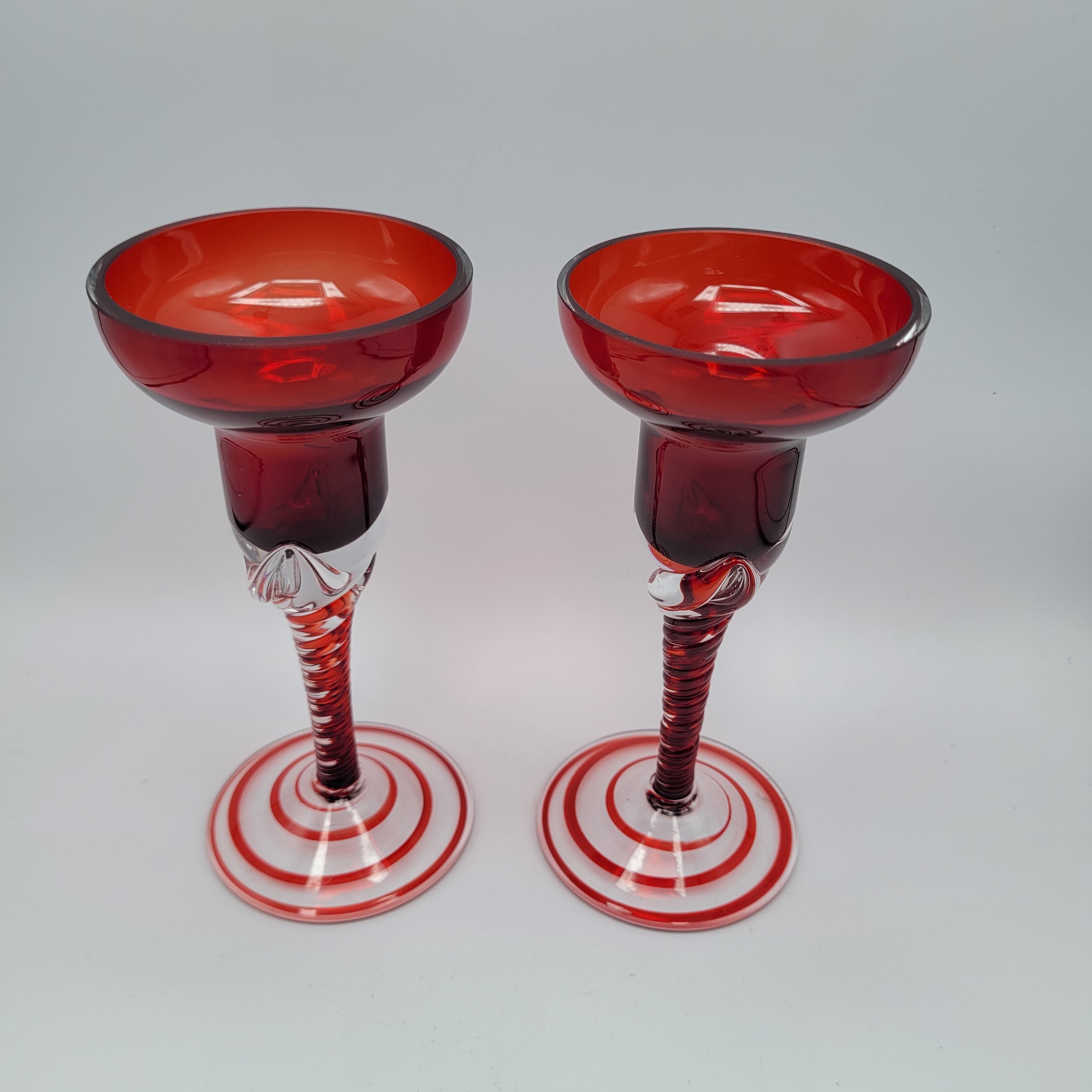Pair of Polish hand-blown, Ruby glass, twisted stem  candleholders.1960s/70s MCM