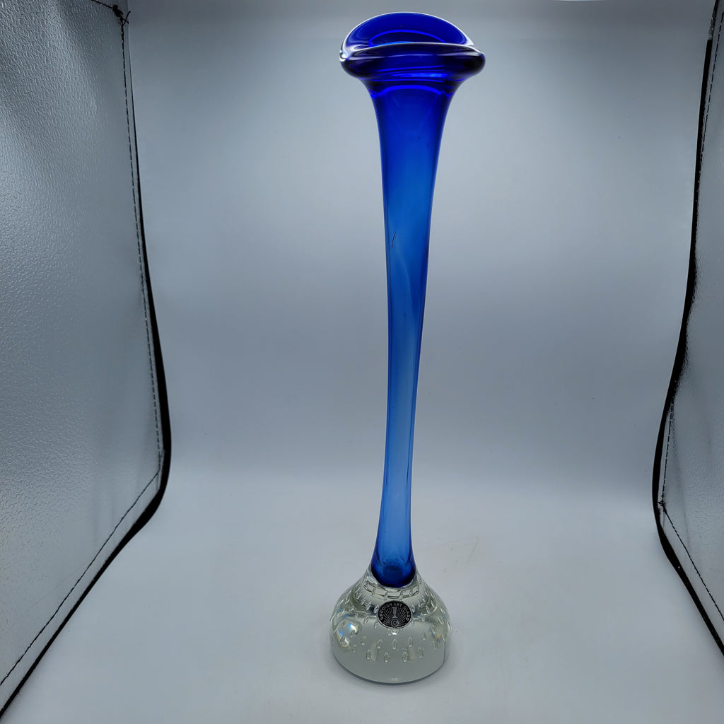 Tall Swedish Art Glass Pulpit Vase — Cobalt Blue with Controlled-Bubble Base, 35 cm tall