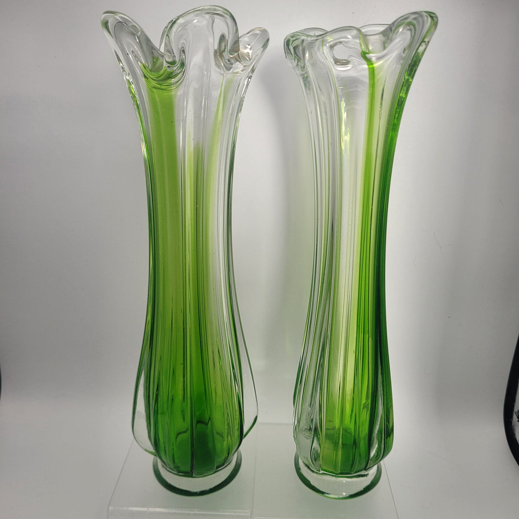 Pair of Vibrant Green Swung Vases. Likely American mid century Glassware - unmarked.