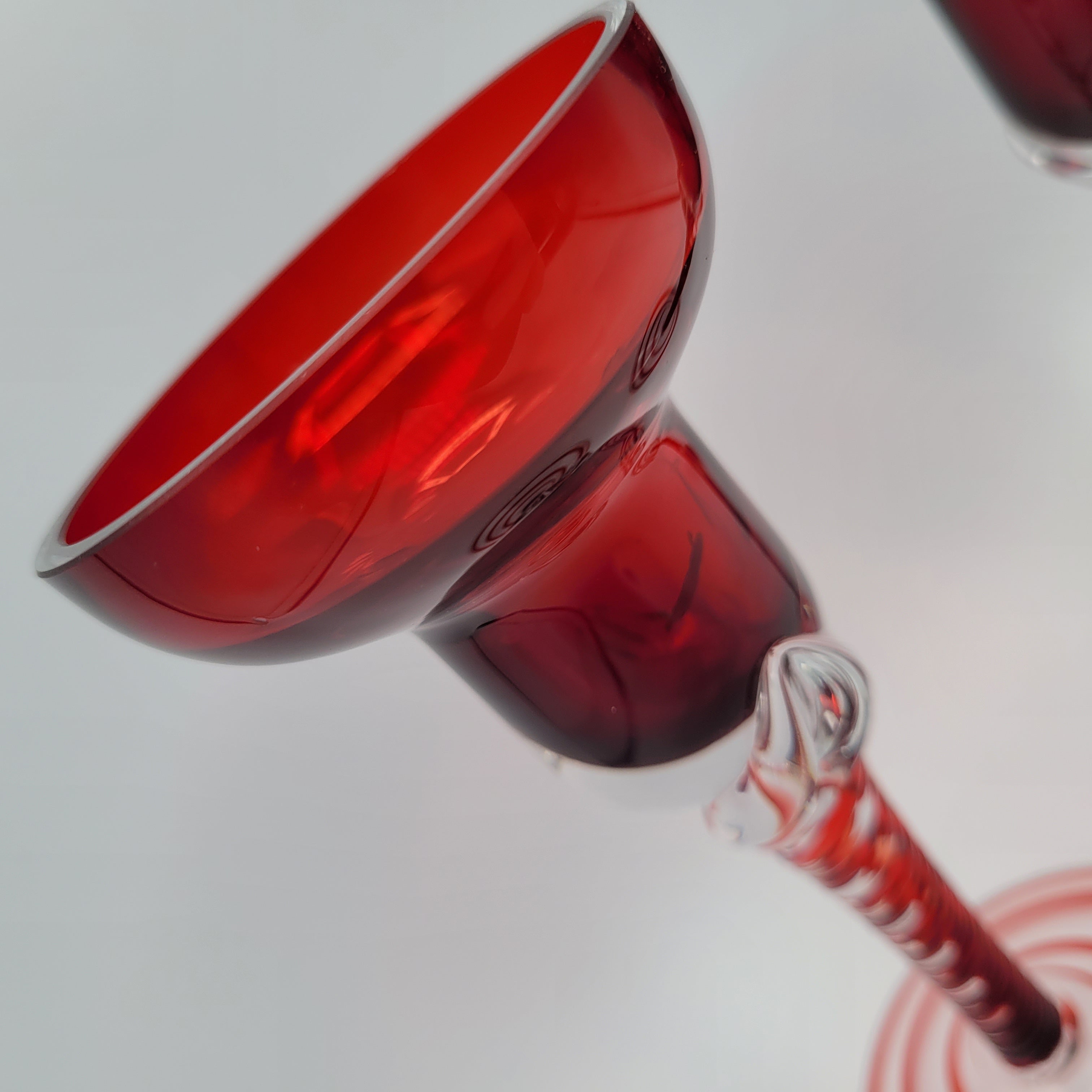 Pair of Polish hand-blown, Ruby glass, twisted stem  candleholders.1960s/70s MCM