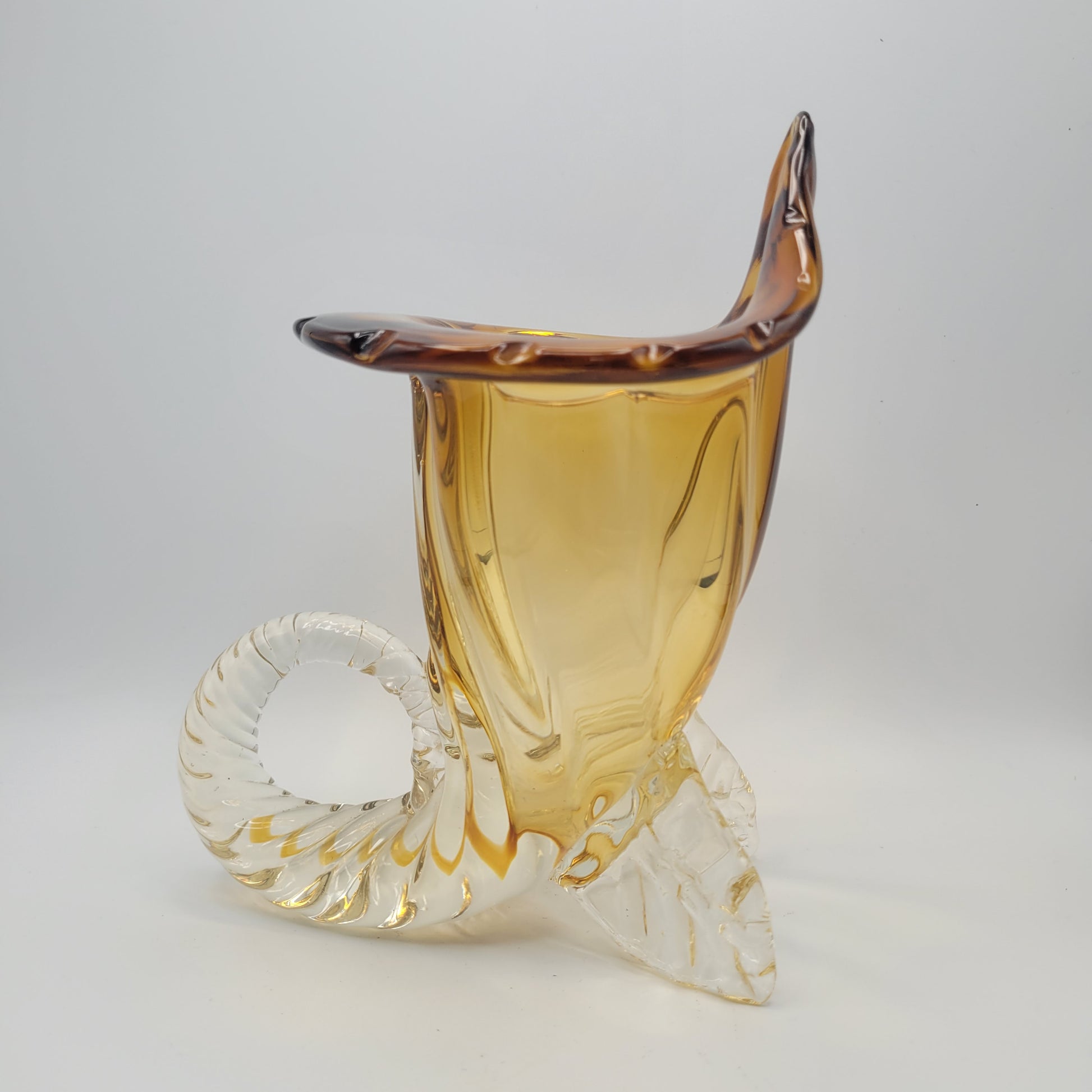 Vintage hand-blown art glass Cornucopia "Horn of Plenty" Murano School. Unmarked. Amber & Clear Vase. 1950S-1960S