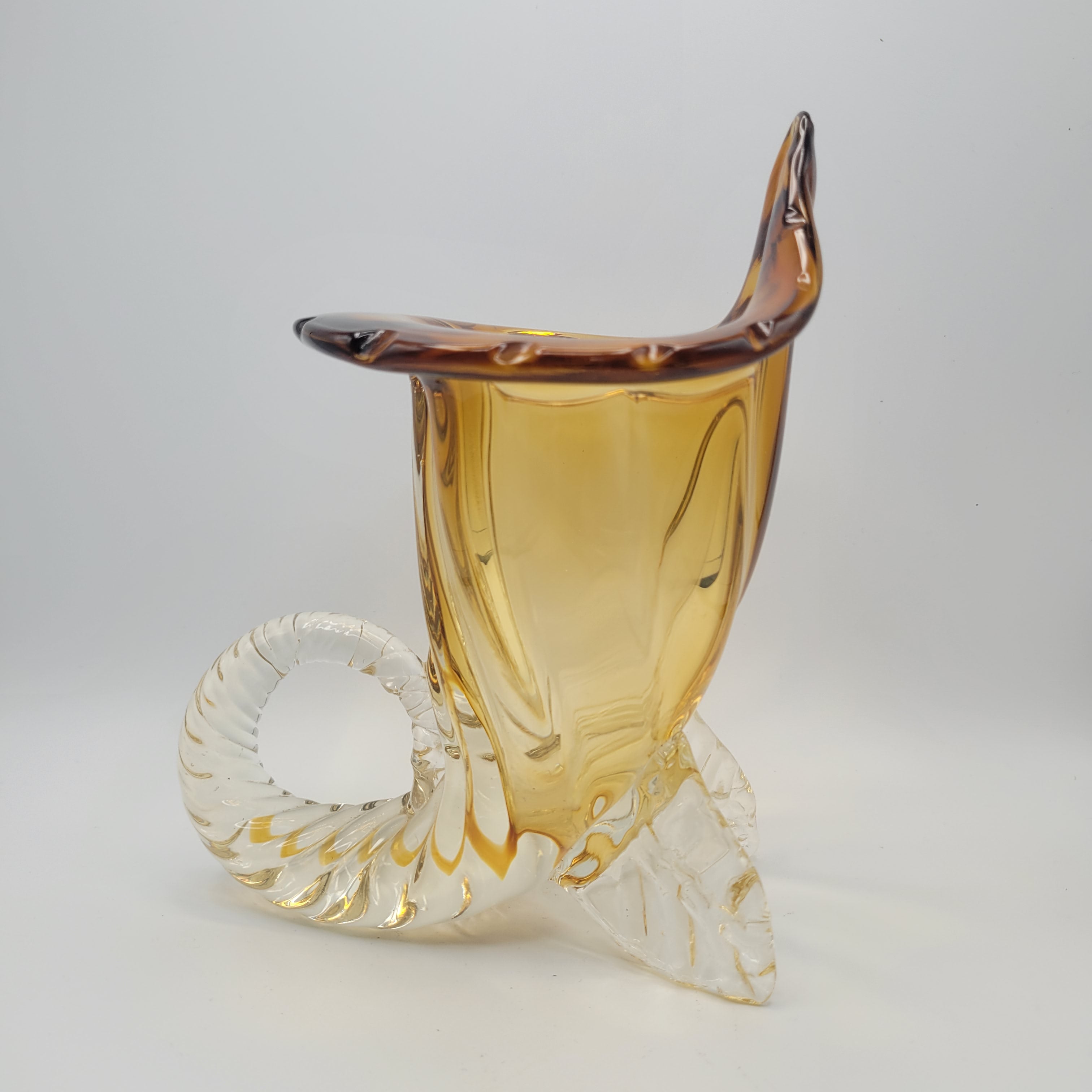 Vintage hand-blown art glass Cornucopia "Horn of Plenty" Murano School. Unmarked. Amber & Clear Vase. 1950S-1960S