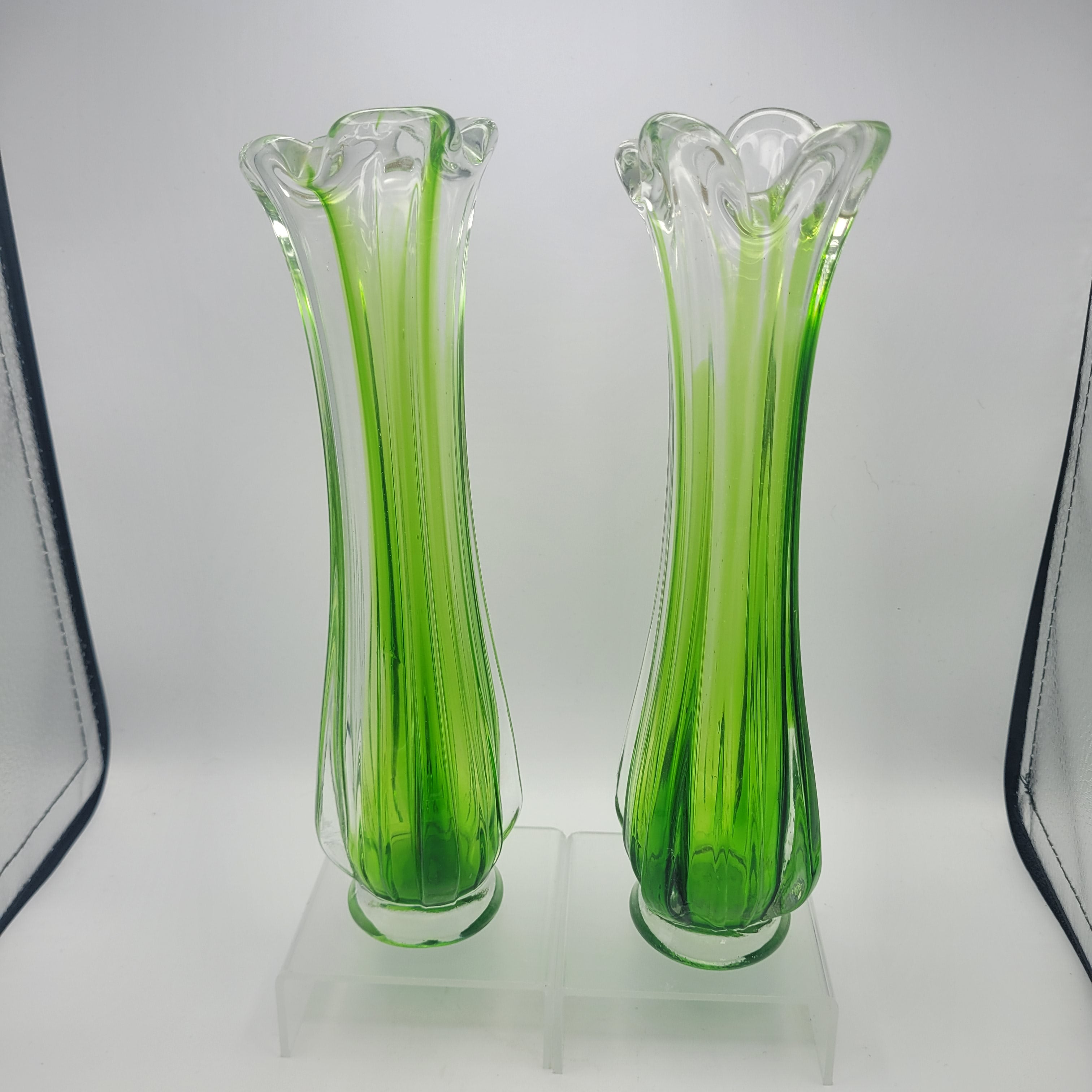 Pair of Vibrant Green Swung Vases. Likely American mid century Glassware - unmarked.