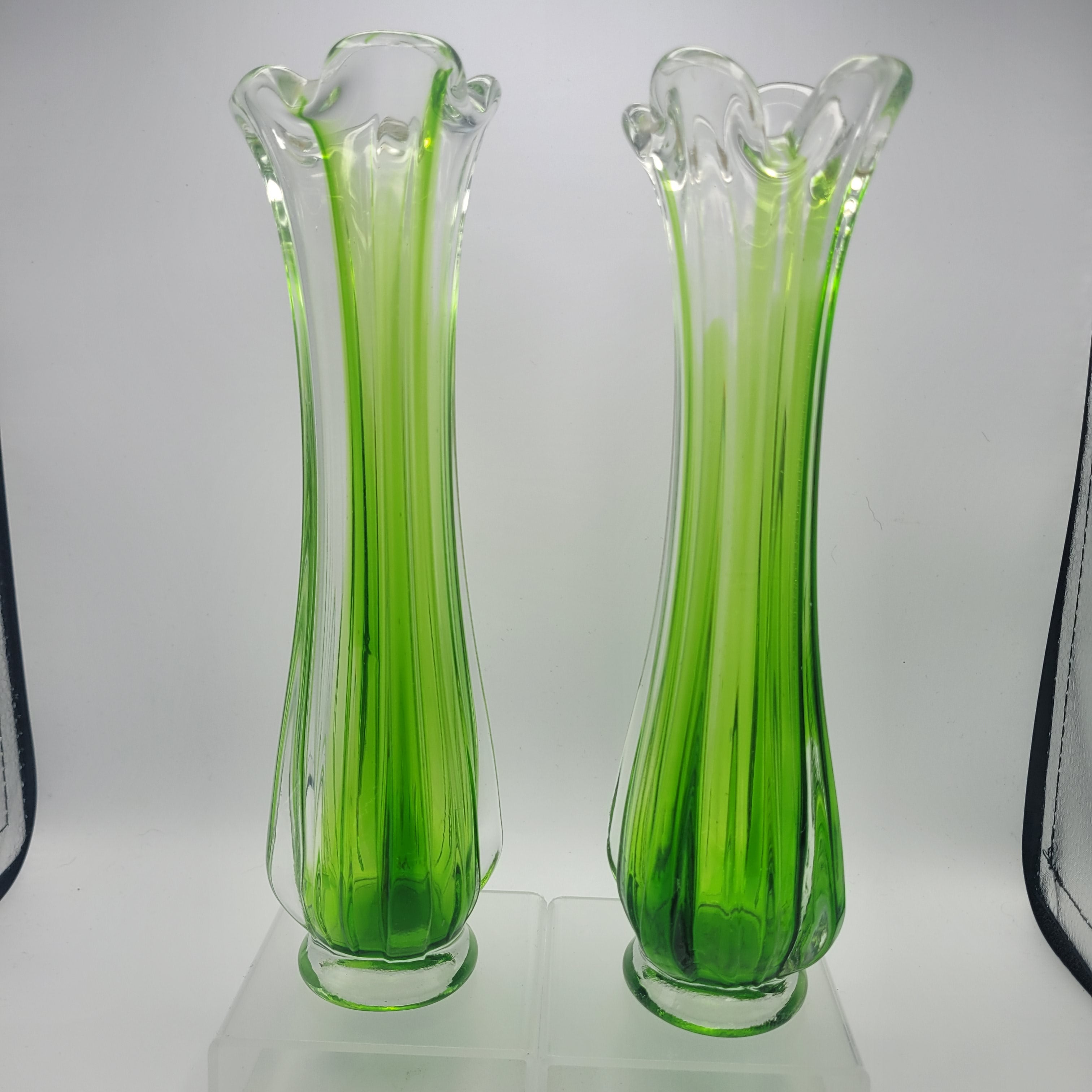 Pair of Vibrant Green Swung Vases. Likely American mid century Glassware - unmarked.