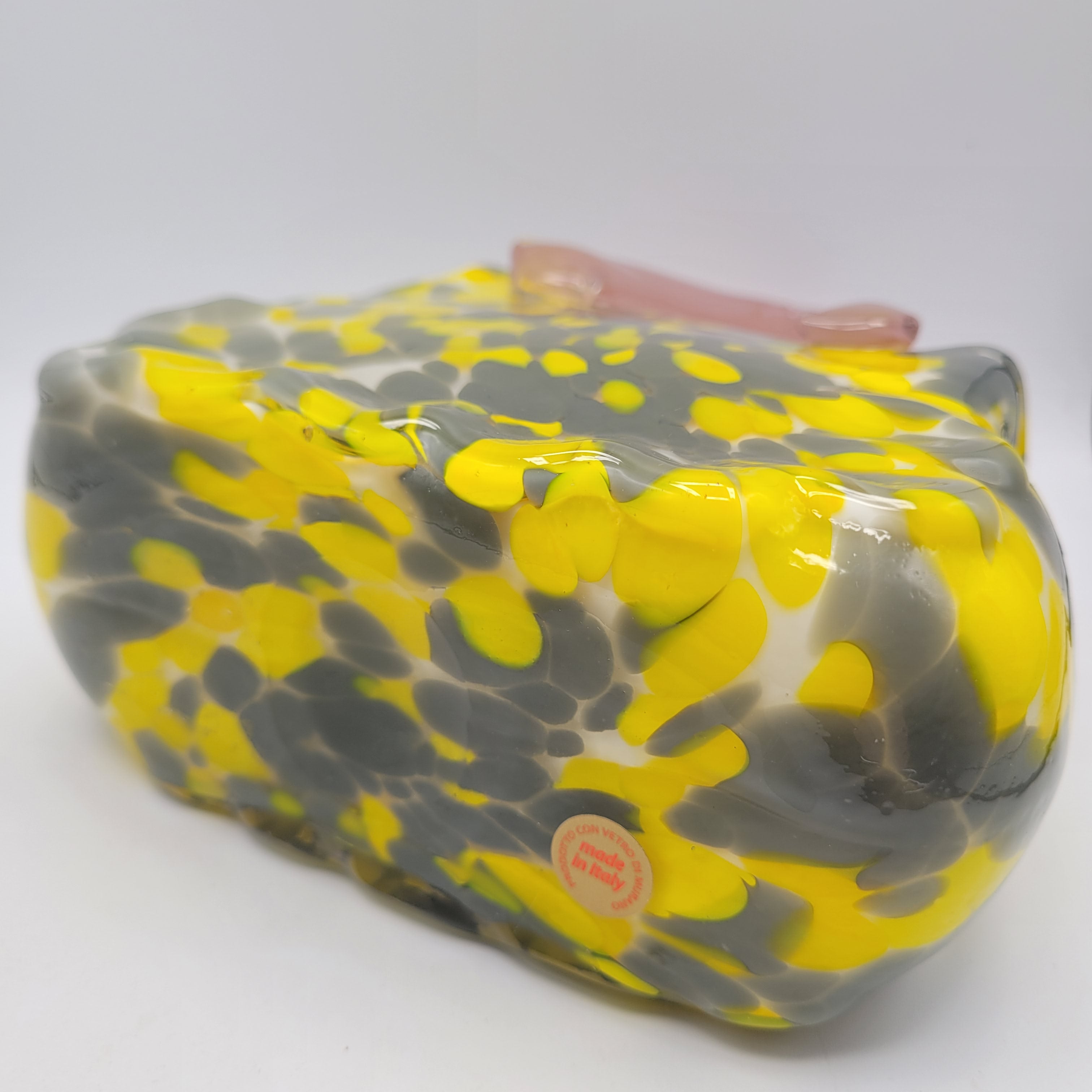 Murano Art Glass Handbag vase/Sculpture – Yellow & Grey with Pink Handles 👛