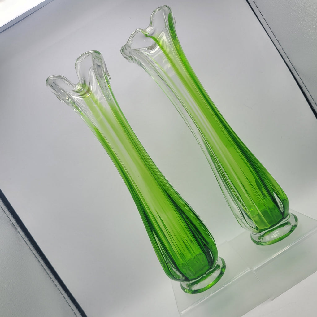 Pair of Vibrant Green Swung Vases. Likely American mid century Glassware - unmarked.