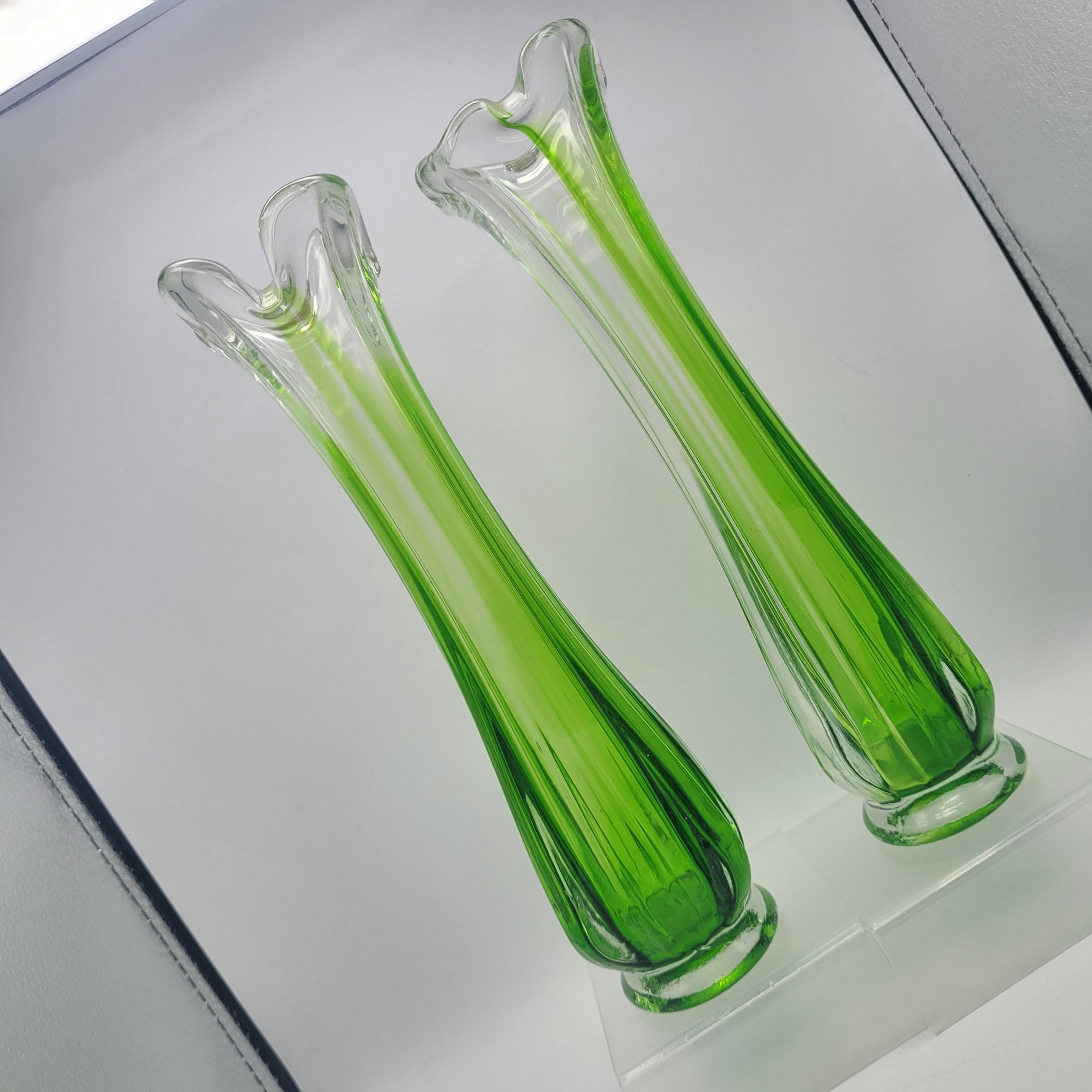 Pair of Vibrant Green Swung Vases. Likely American mid century Glassware - unmarked.