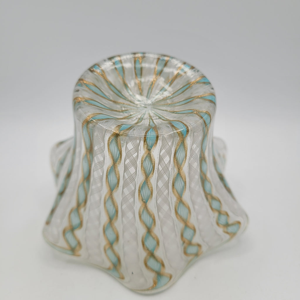 Unmarked Mid-Century Murano Filigrana Zanfirico Aventurine Glass Bowl.