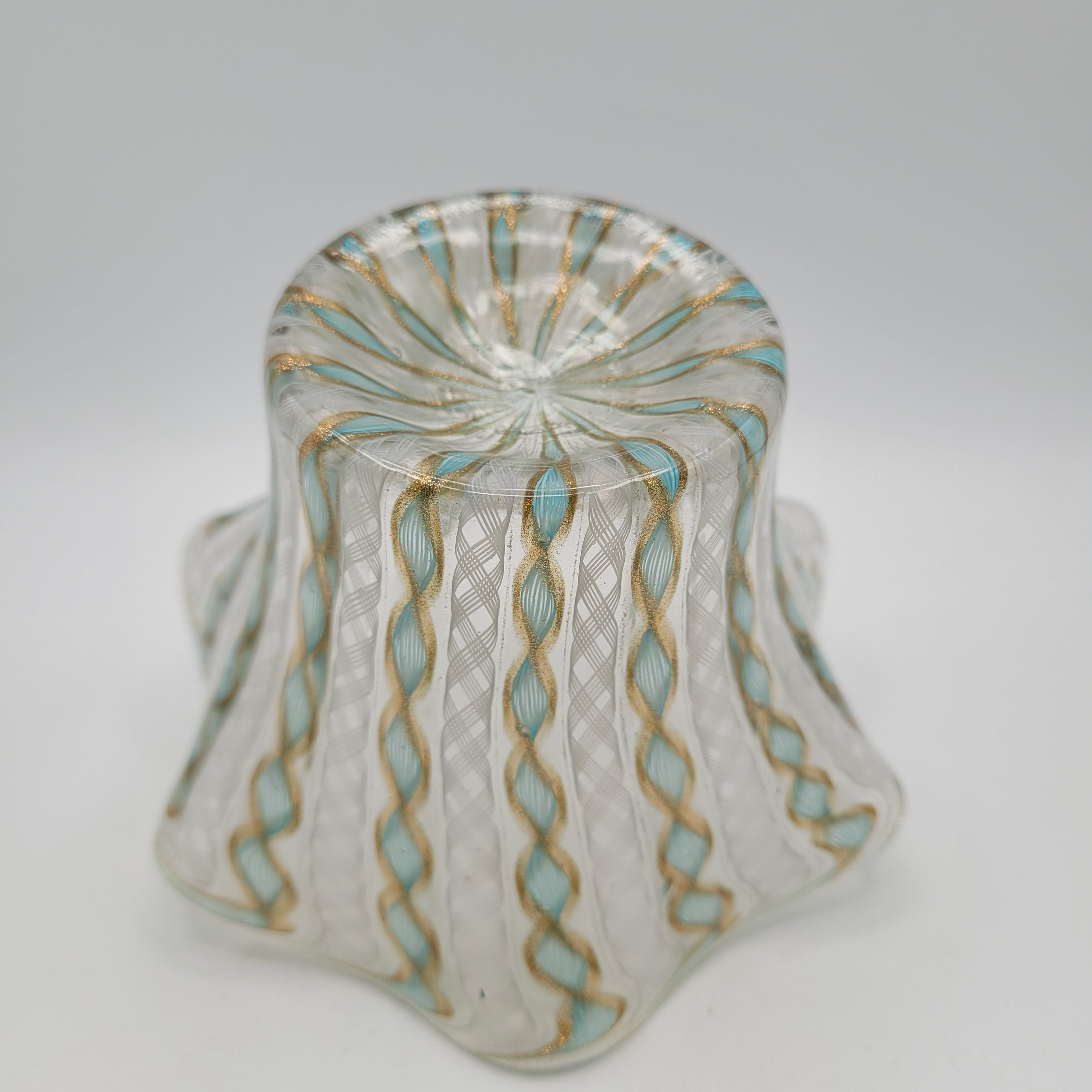 Unmarked Mid-Century Murano Filigrana Zanfirico Aventurine Glass Bowl.