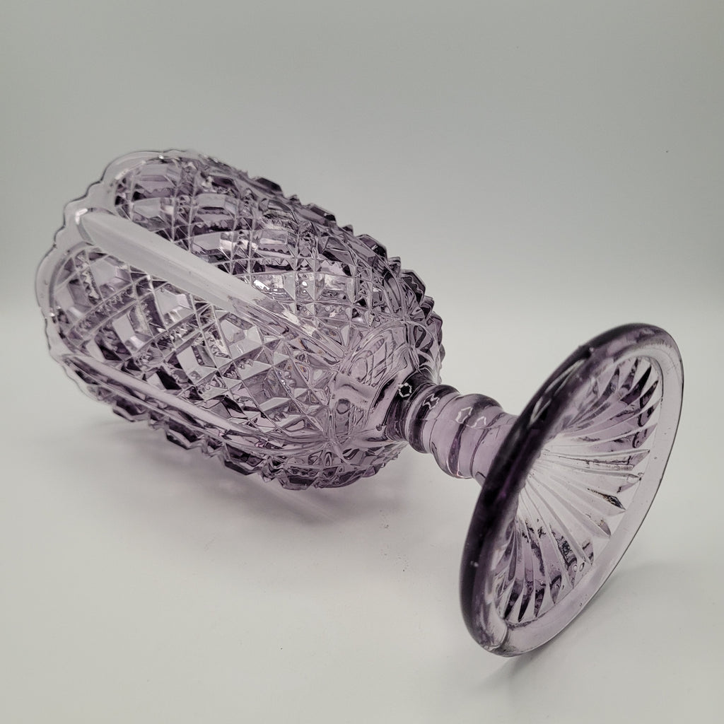 Amethyst Pressed Glass Pedestal Vase – 28cm Tall, Diamond & Fan Pattern, c.1930s–50s British