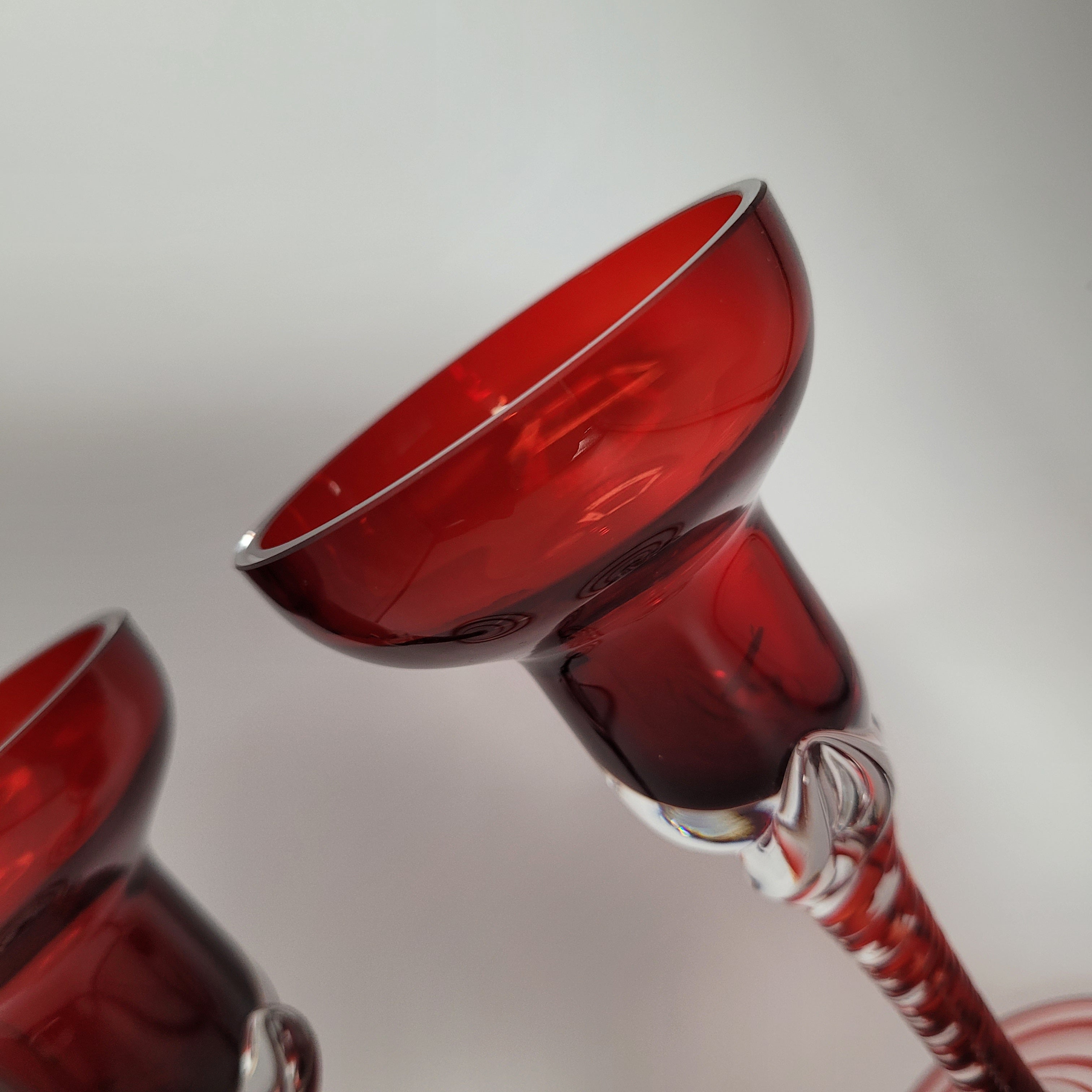 Pair of Polish hand-blown, Ruby glass, twisted stem  candleholders.1960s/70s MCM