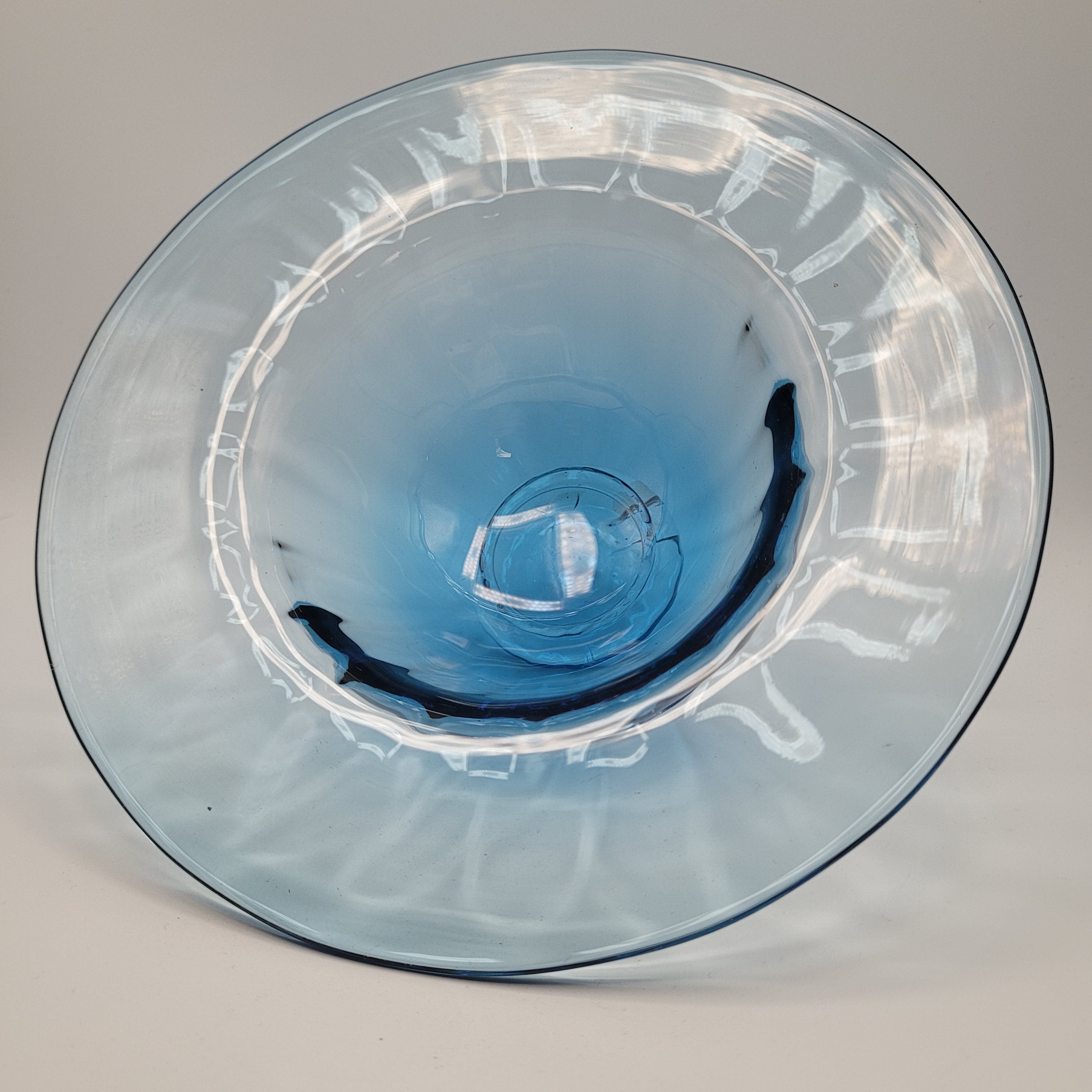 Hand-Blown Blue Footed Studio Art Glass Bowl — Bohemian, c.1960s–70s