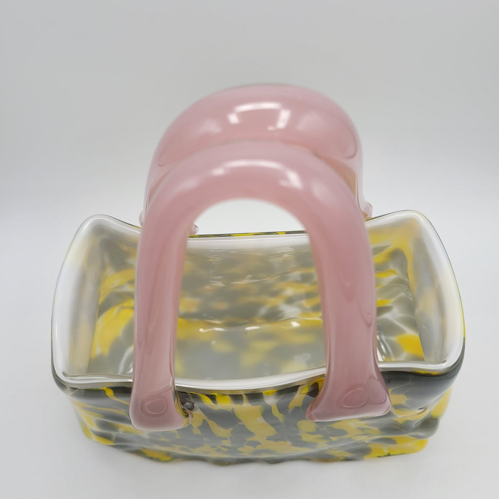 Murano Art Glass Handbag vase/Sculpture – Yellow & Grey with Pink Handles 👛