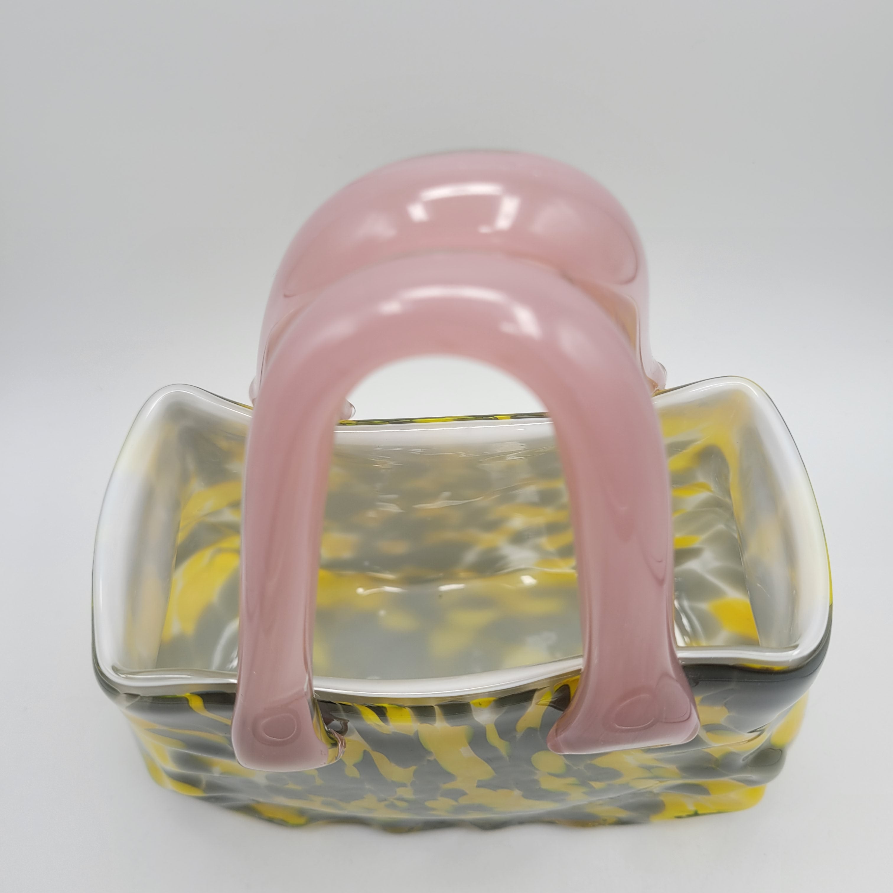 Murano Art Glass Handbag vase/Sculpture – Yellow & Grey with Pink Handles 👛