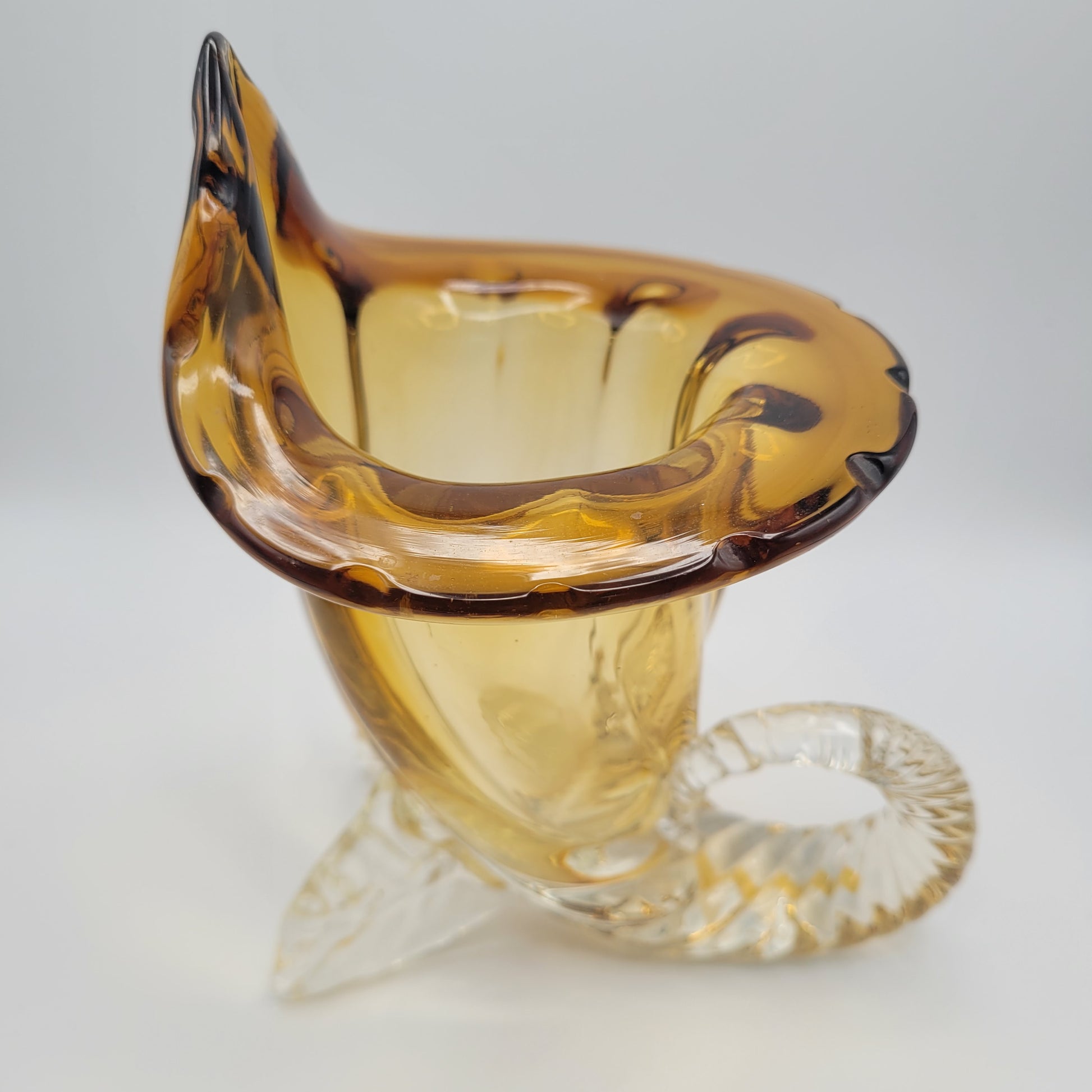 Vintage hand-blown art glass Cornucopia "Horn of Plenty" Murano School. Unmarked. Amber & Clear Vase. 1950S-1960S