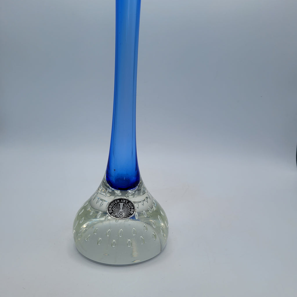 Tall Swedish Art Glass Pulpit Vase — Cobalt Blue with Controlled-Bubble Base, 35 cm tall