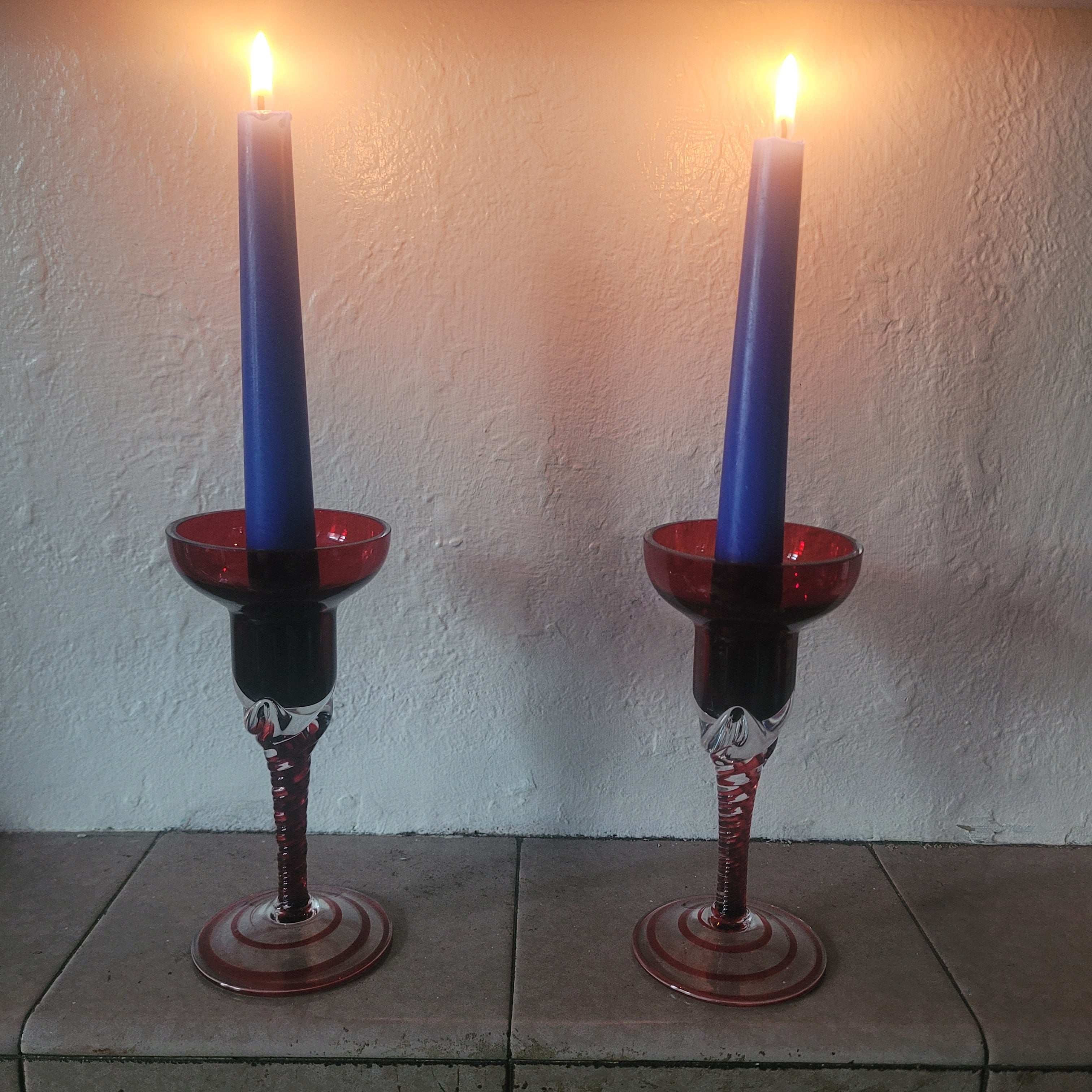 Pair of Polish hand-blown, Ruby glass, twisted stem  candleholders.1960s/70s MCM