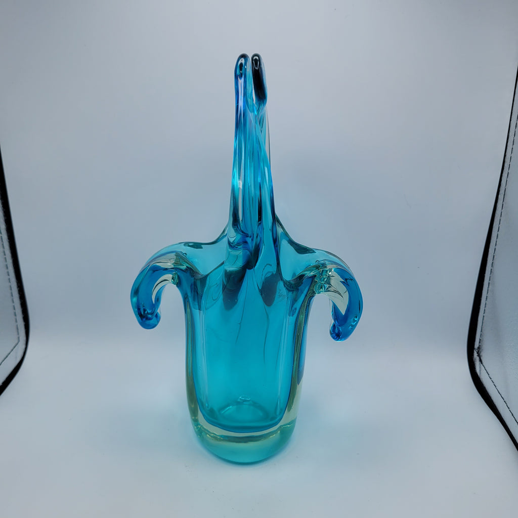 Sommerso Glass Basket Vase – Turquoise & Aqua, Likely Murano, in the Manner of Seguso Vetri d’Arte, c.1960s