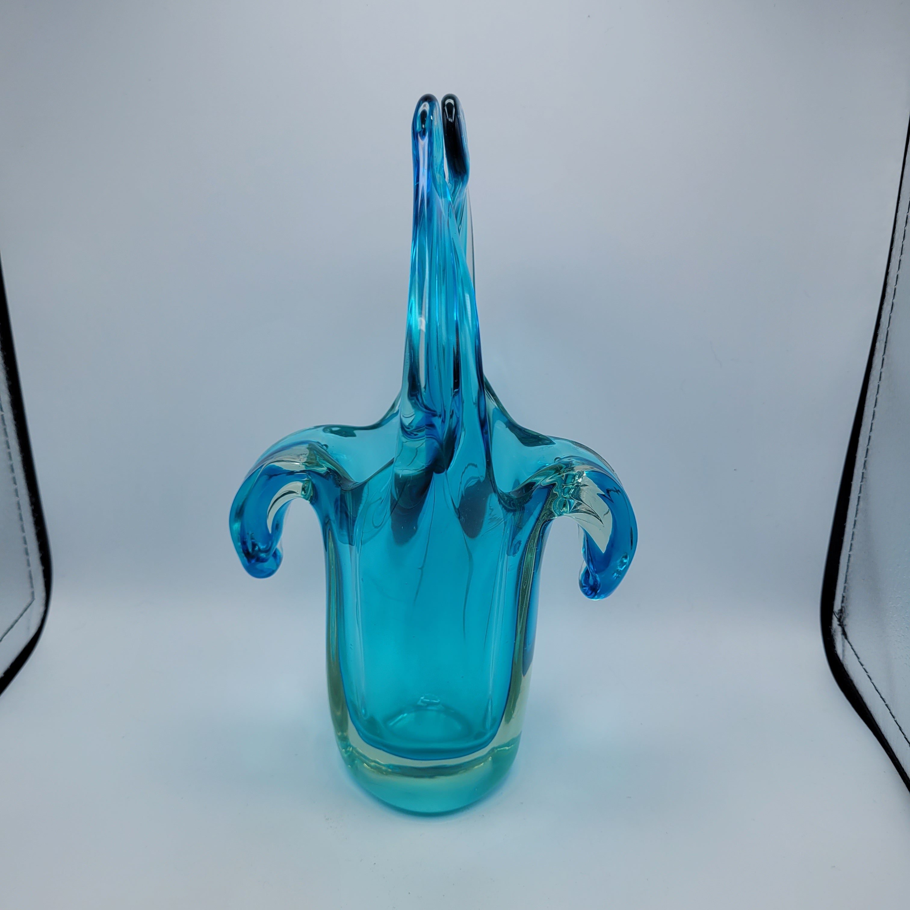 Sommerso Glass Basket Vase – Turquoise & Aqua, Likely Murano, in the Manner of Seguso Vetri d’Arte, c.1960s