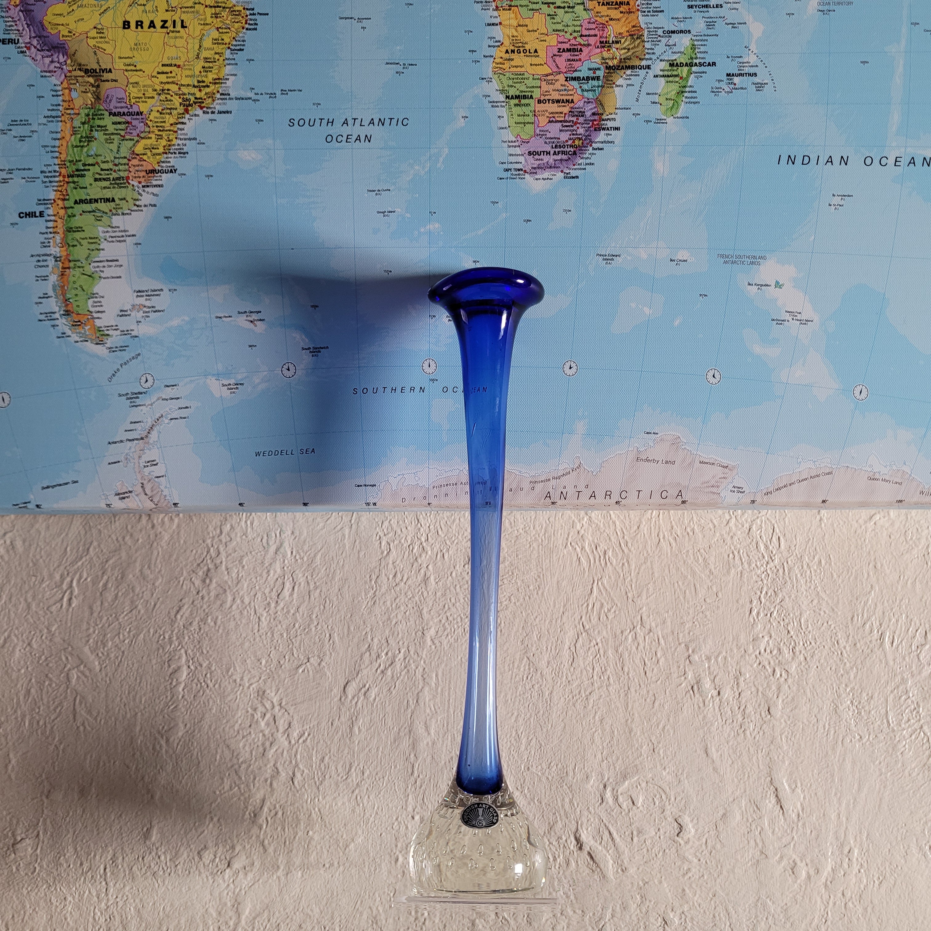 Tall Swedish Art Glass Pulpit Vase — Cobalt Blue with Controlled-Bubble Base, 35 cm tall