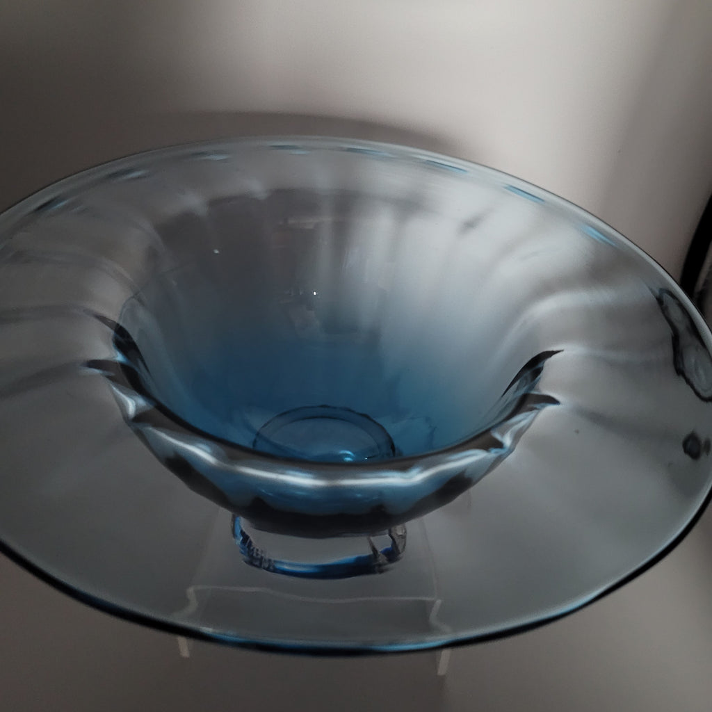 Hand-Blown Blue Footed Studio Art Glass Bowl — Bohemian, c.1960s–70s