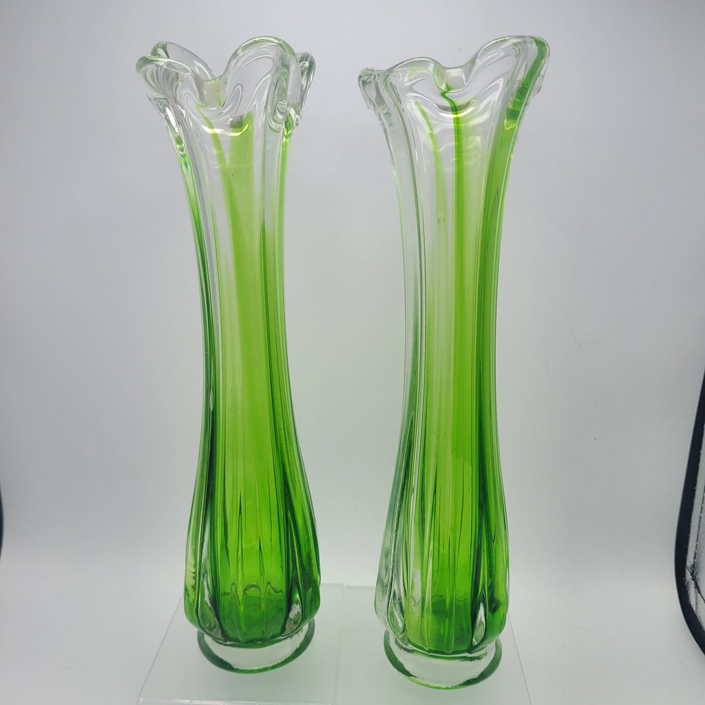 Pair of Vibrant Green Swung Vases. Likely American mid century Glassware - unmarked.