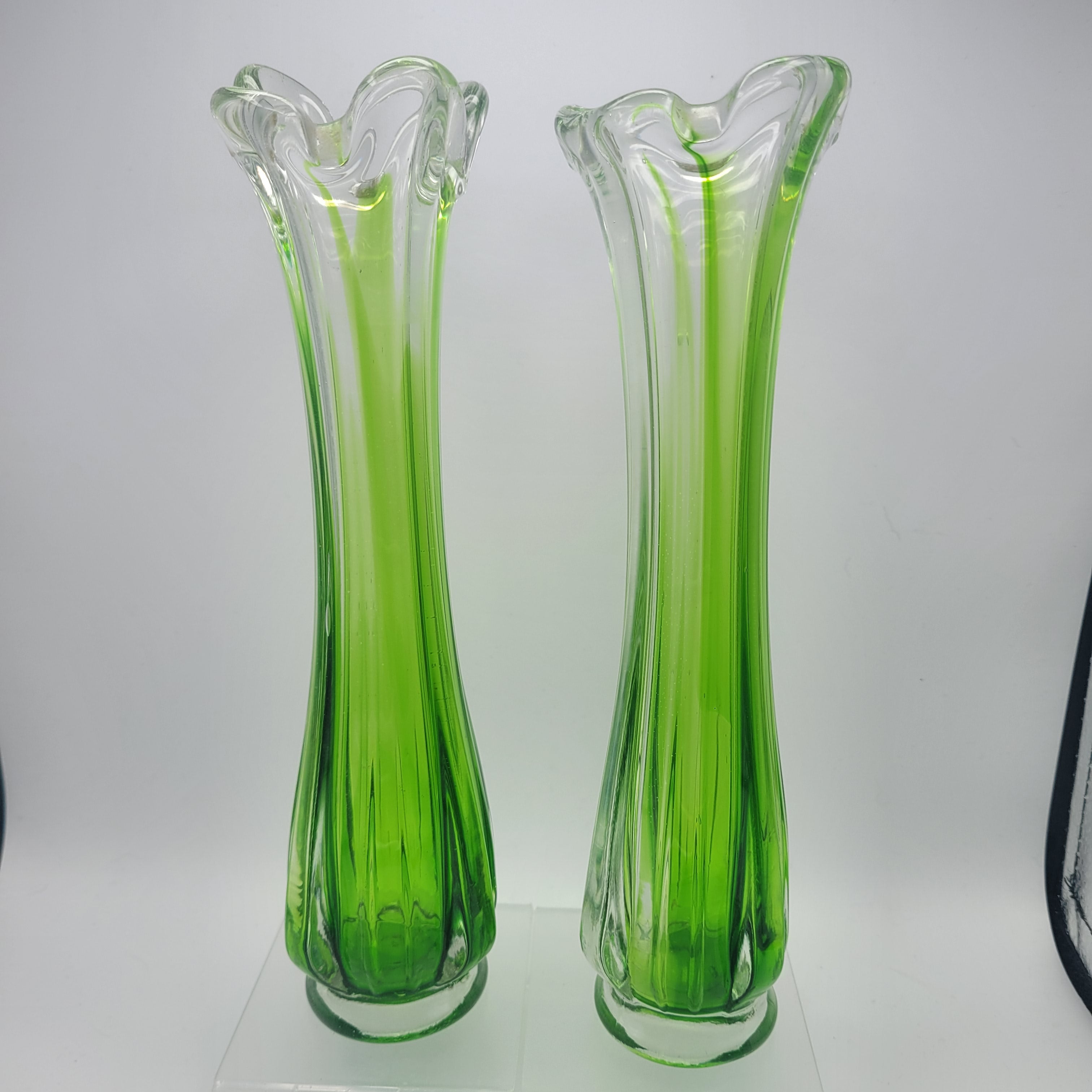 Pair of Vibrant Green Swung Vases. Likely American mid century Glassware - unmarked.