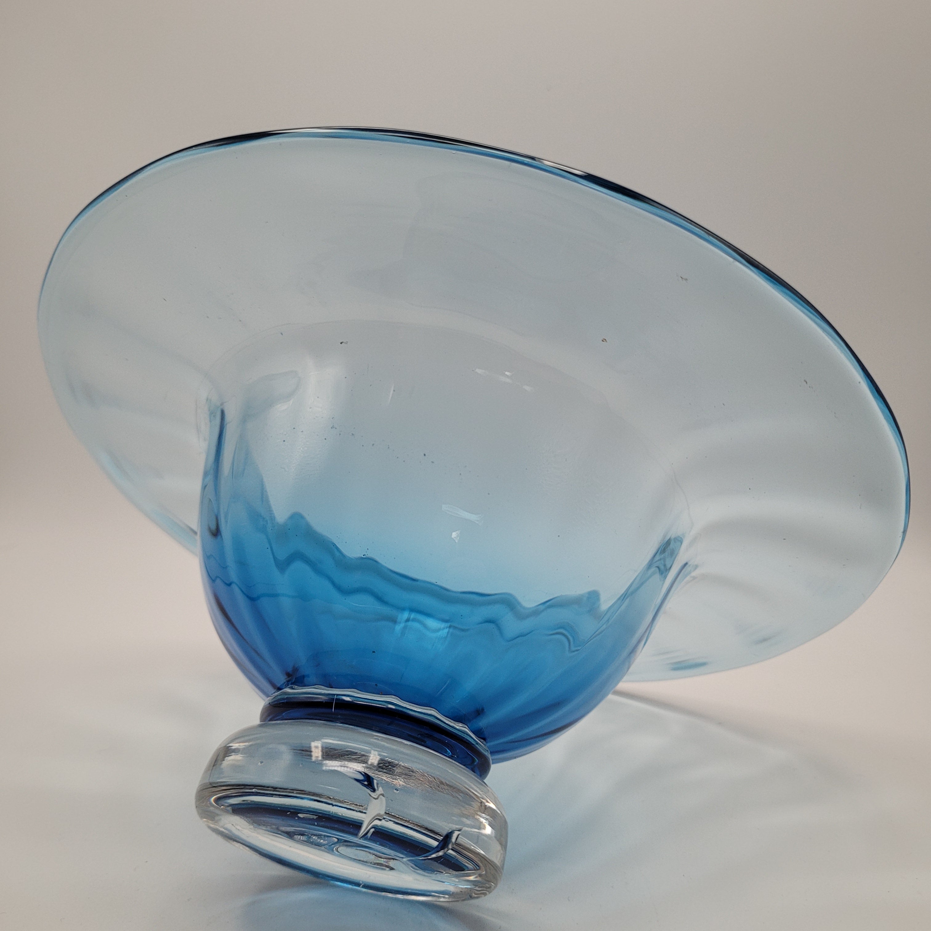 Hand-Blown Blue Footed Studio Art Glass Bowl — Bohemian, c.1960s–70s