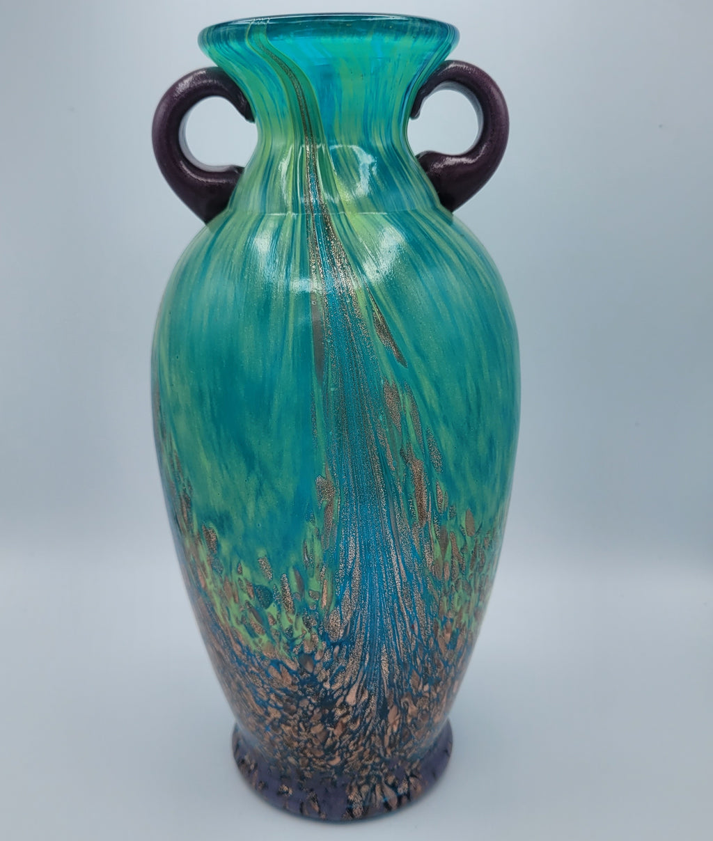 Dale Tiffany Favrile Art Glass Milano Amphora Teal-Blue Vase with Copper Aventurine Infusion