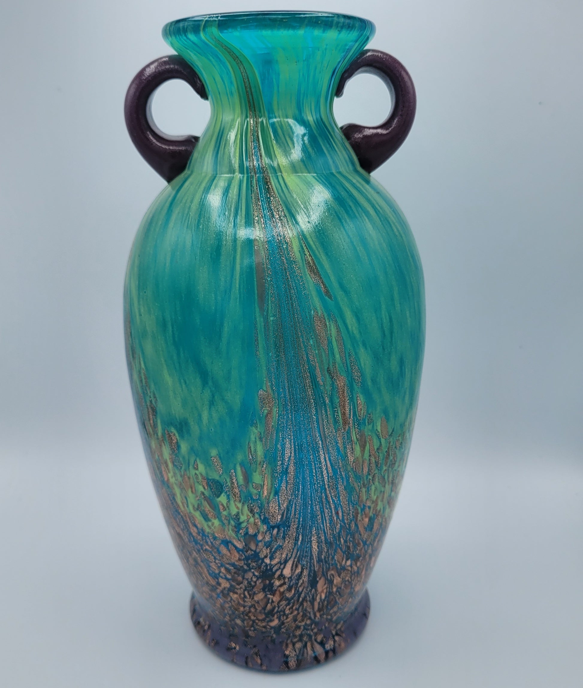 Dale Tiffany Favrile Art Glass Milano Amphora Teal-Blue Vase with Copper Aventurine Infusion