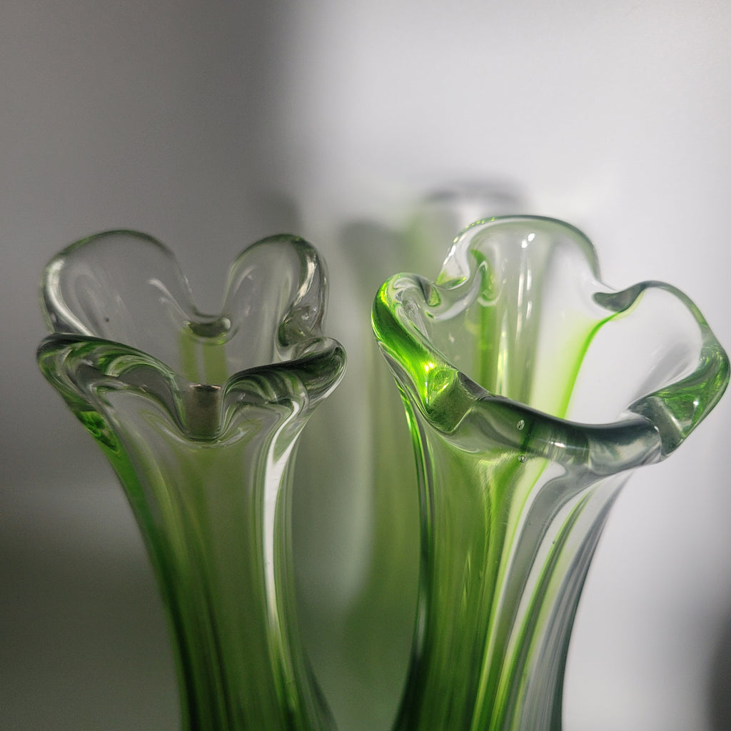 Pair of Vibrant Green Swung Vases. Likely American mid century Glassware - unmarked.