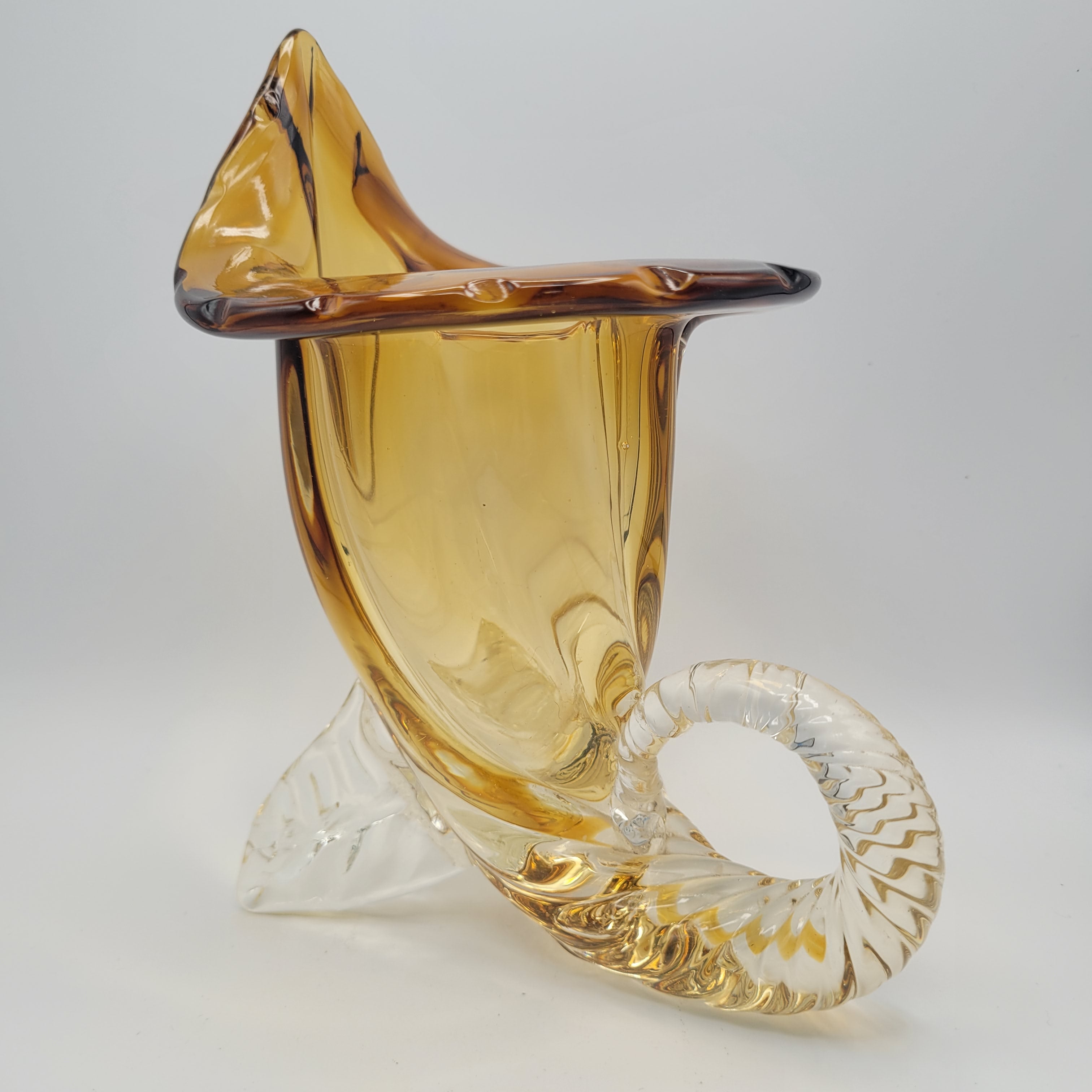 Vintage hand-blown art glass Cornucopia "Horn of Plenty" Murano School. Unmarked. Amber & Clear Vase. 1950S-1960S