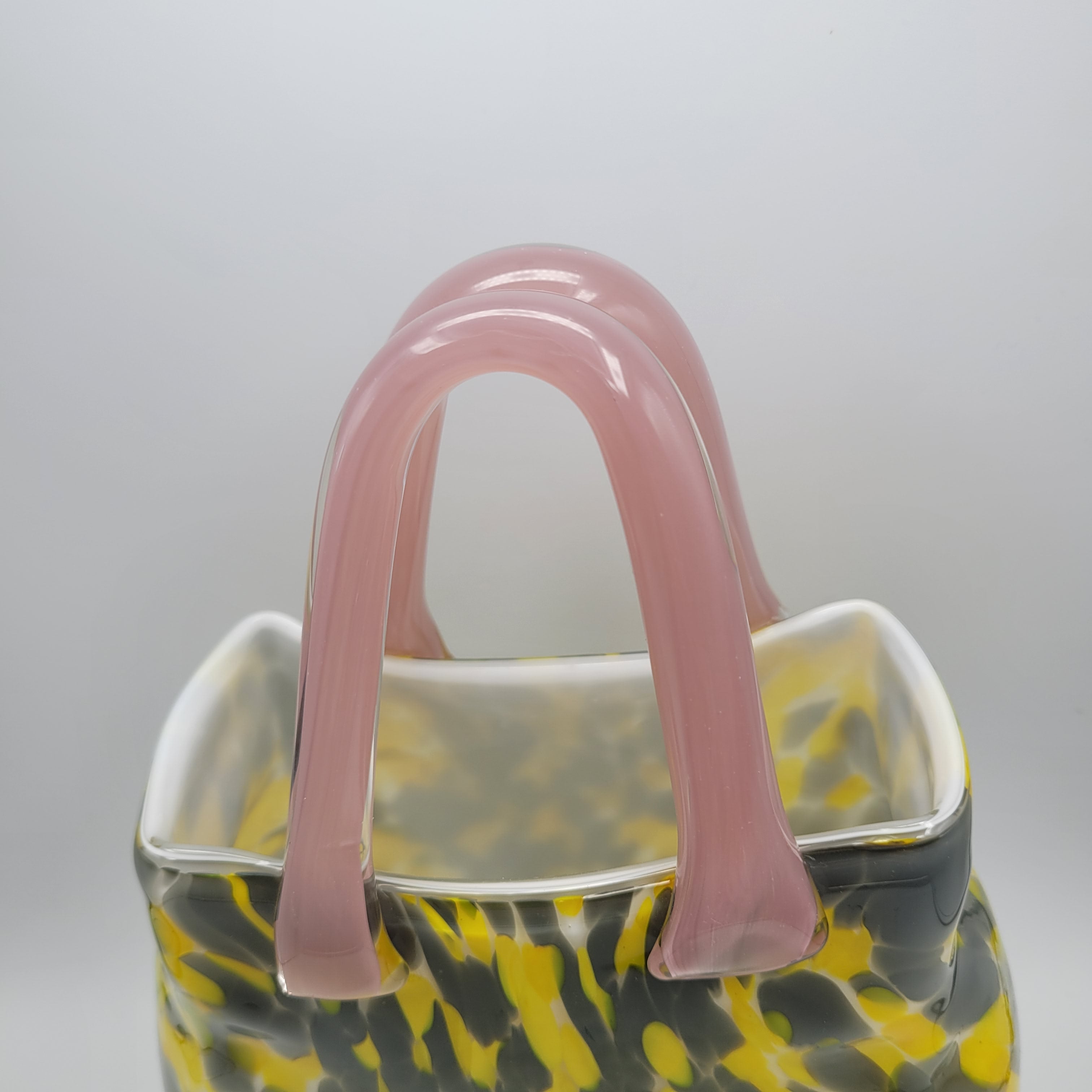 Murano Art Glass Handbag vase/Sculpture – Yellow & Grey with Pink Handles 👛