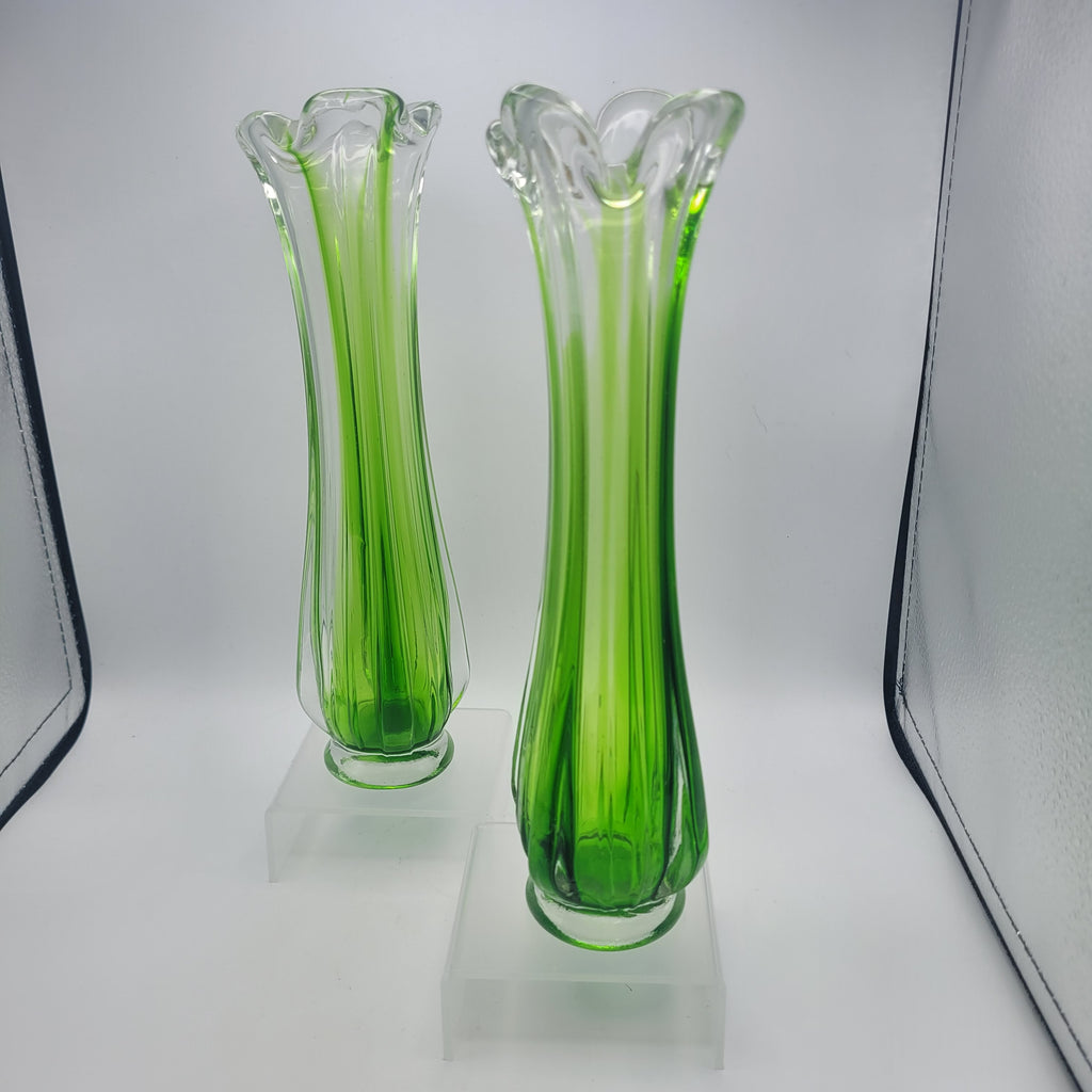 Pair of Vibrant Green Swung Vases. Likely American mid century Glassware - unmarked.