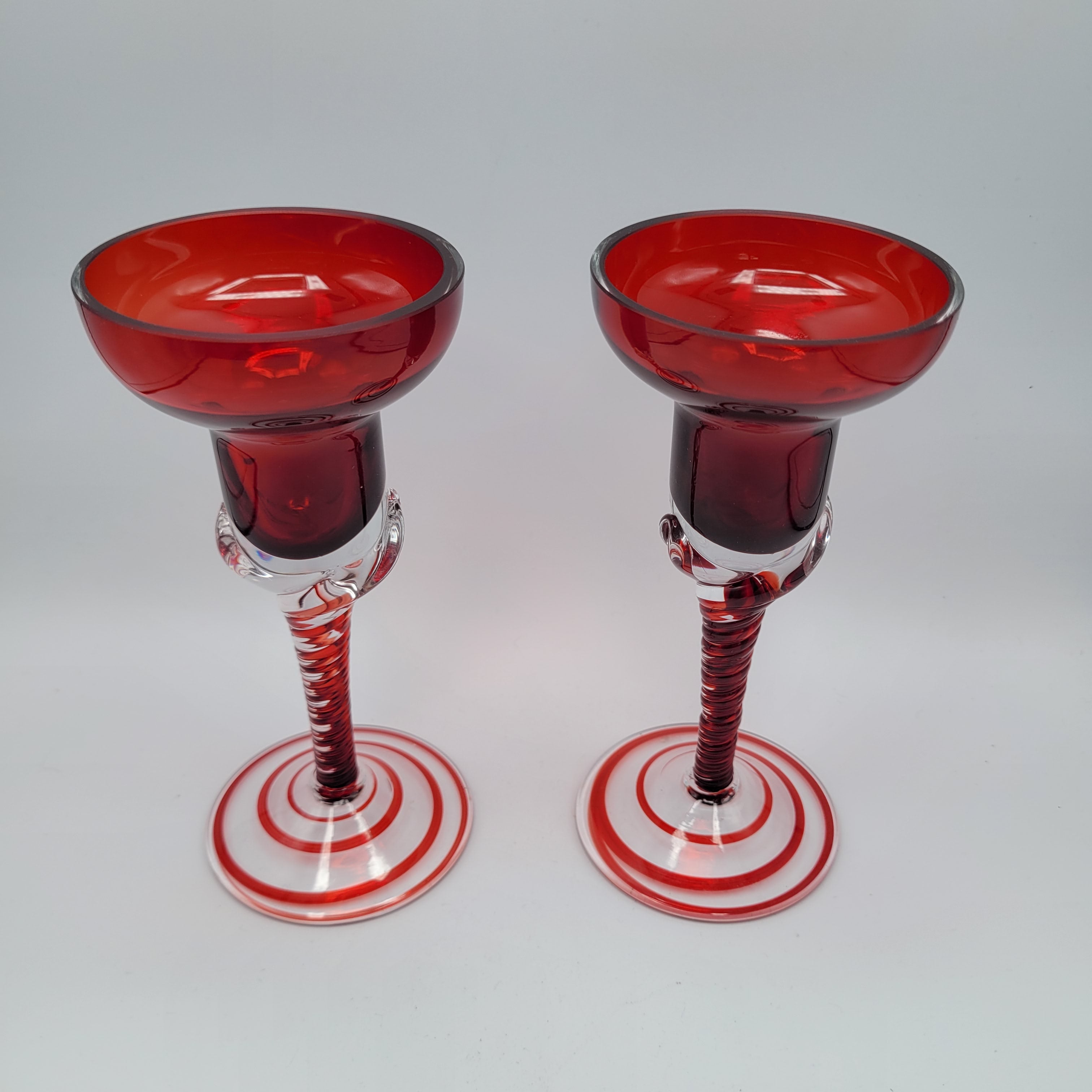 Pair of Polish hand-blown, Ruby glass, twisted stem  candleholders.1960s/70s MCM
