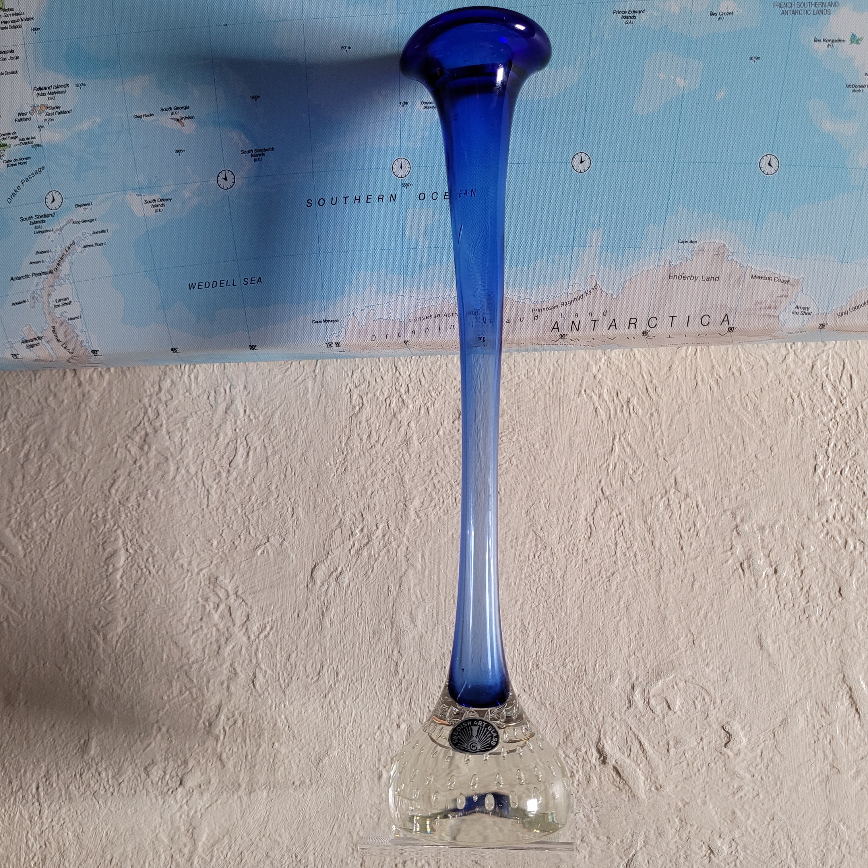 Tall Swedish Art Glass Pulpit Vase — Cobalt Blue with Controlled-Bubble Base, 35 cm tall