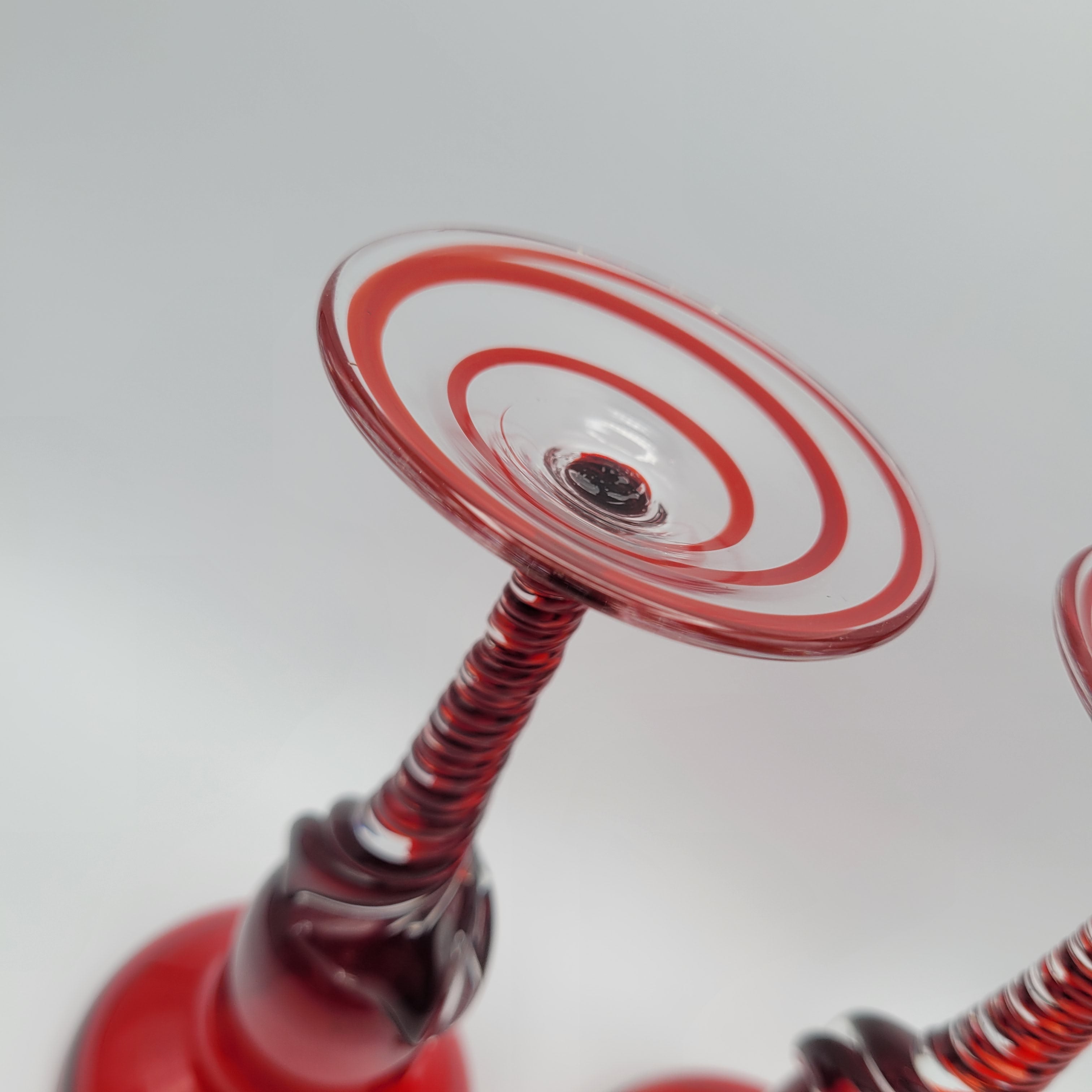 Pair of Polish hand-blown, Ruby glass, twisted stem  candleholders.1960s/70s MCM