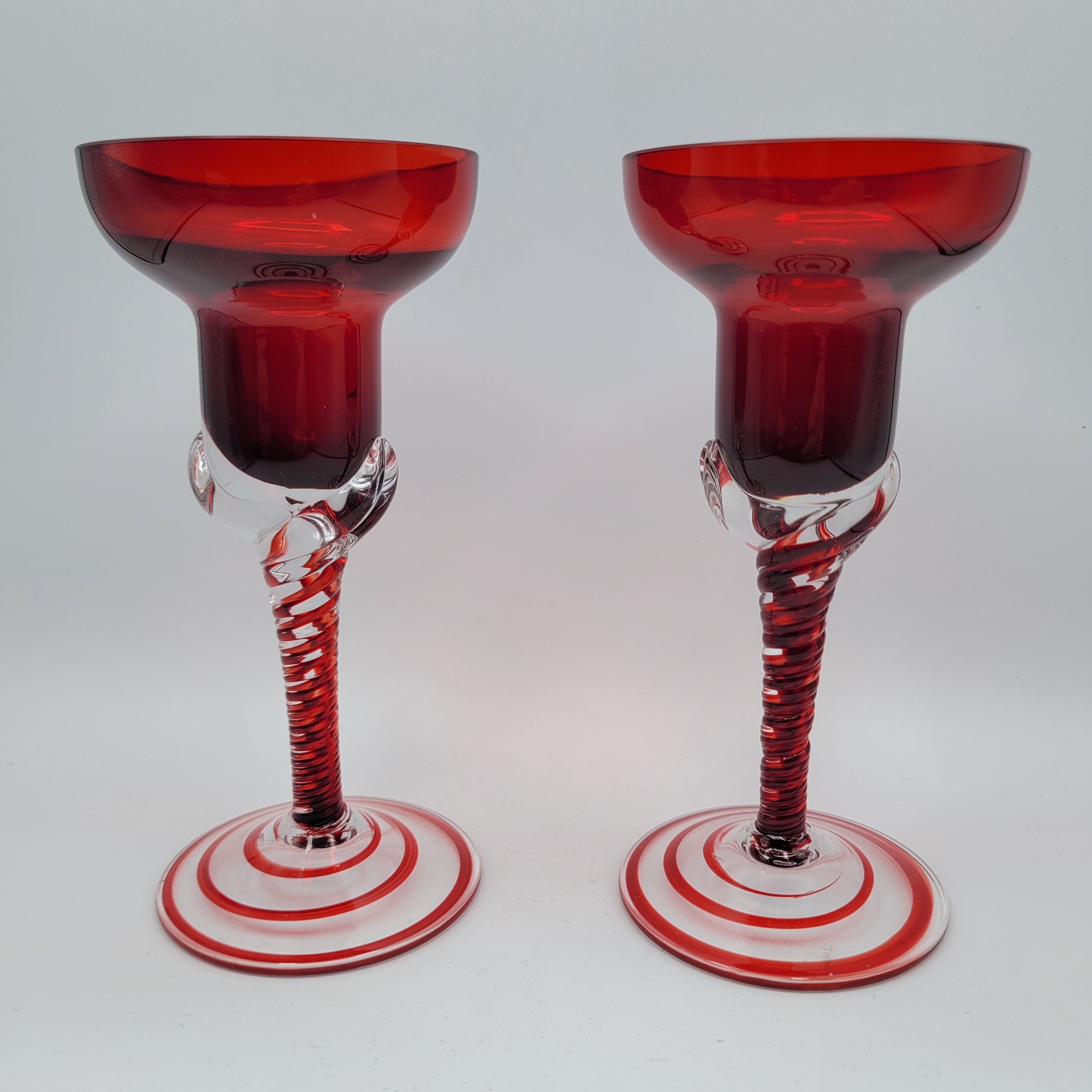 Pair of Polish hand-blown, Ruby glass, twisted stem  candleholders.1960s/70s MCM