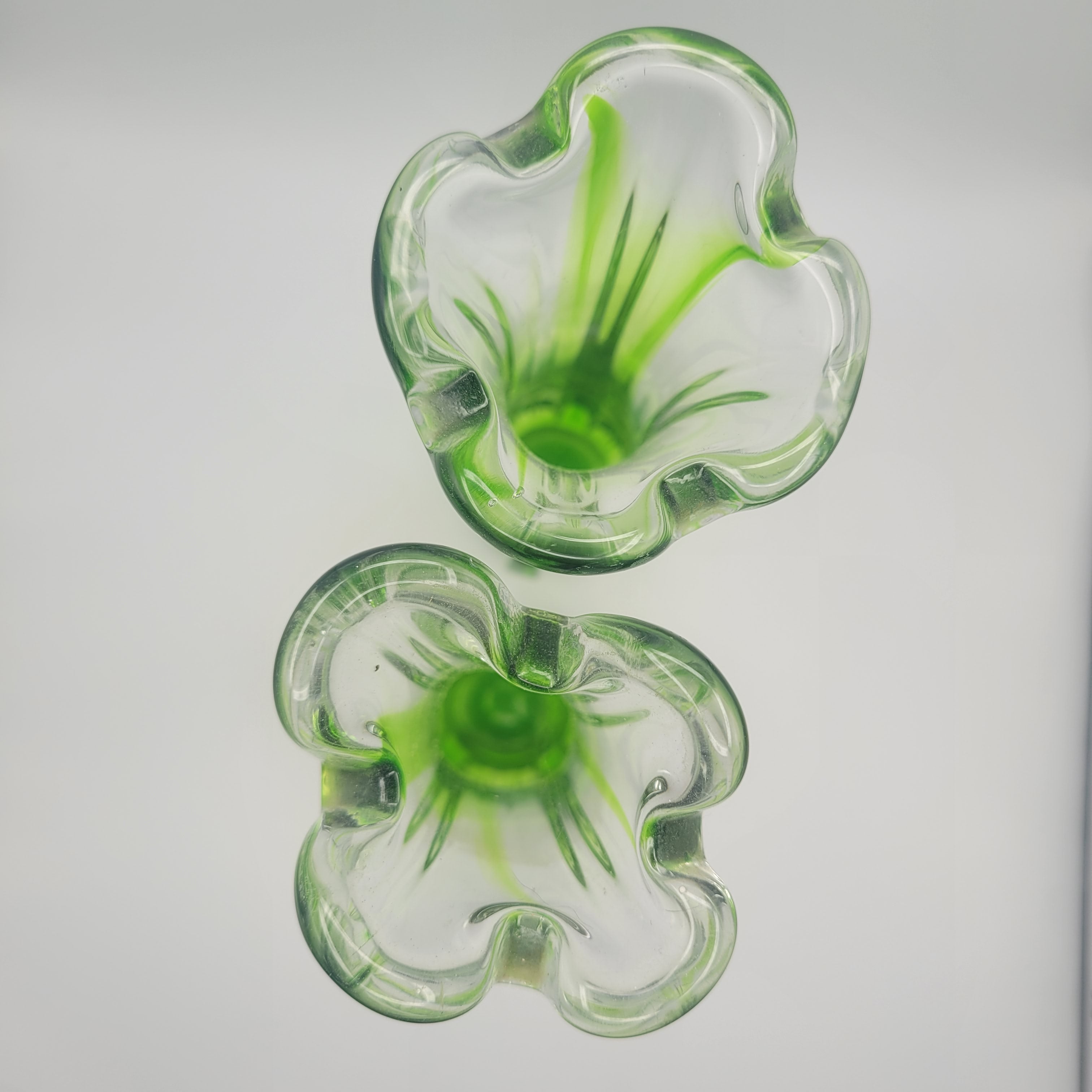 Pair of Vibrant Green Swung Vases. Likely American mid century Glassware - unmarked.