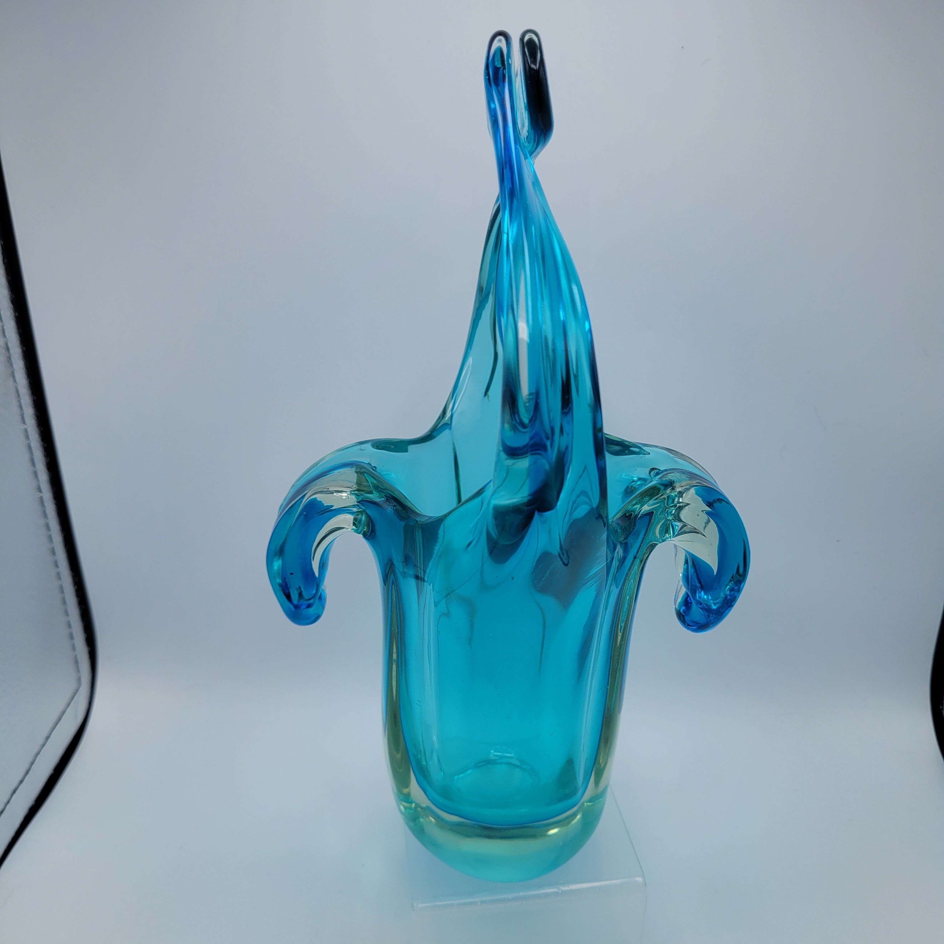 Sommerso Glass Basket Vase – Turquoise & Aqua, Likely Murano, in the Manner of Seguso Vetri d’Arte, c.1960s