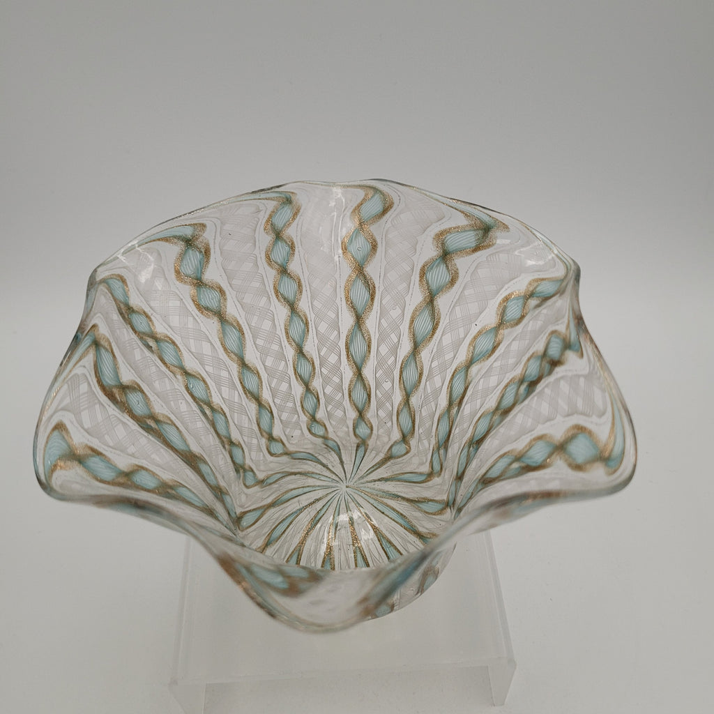 Unmarked Mid-Century Murano Filigrana Zanfirico Aventurine Glass Bowl.