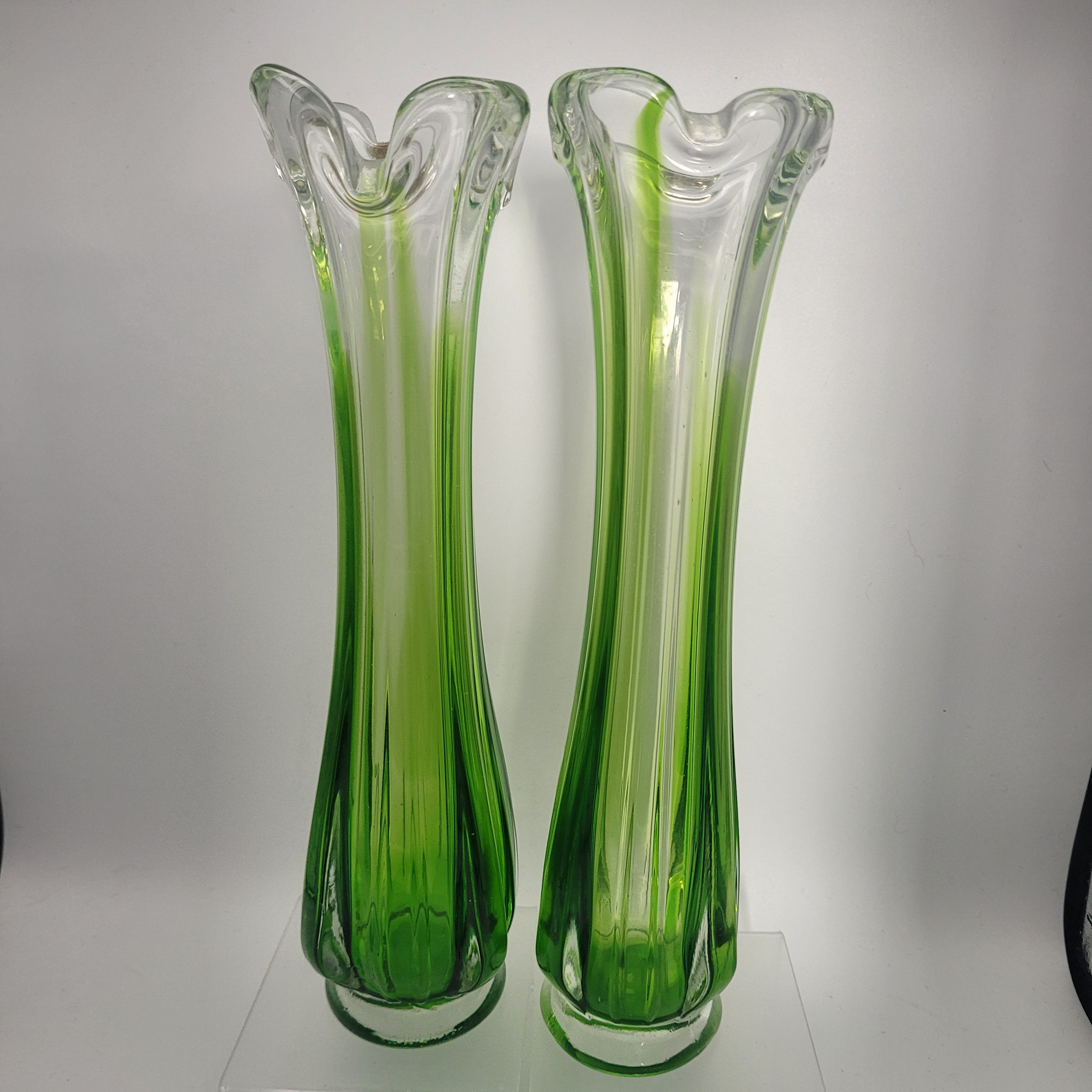 Pair of Vibrant Green Swung Vases. Likely American mid century Glassware - unmarked.