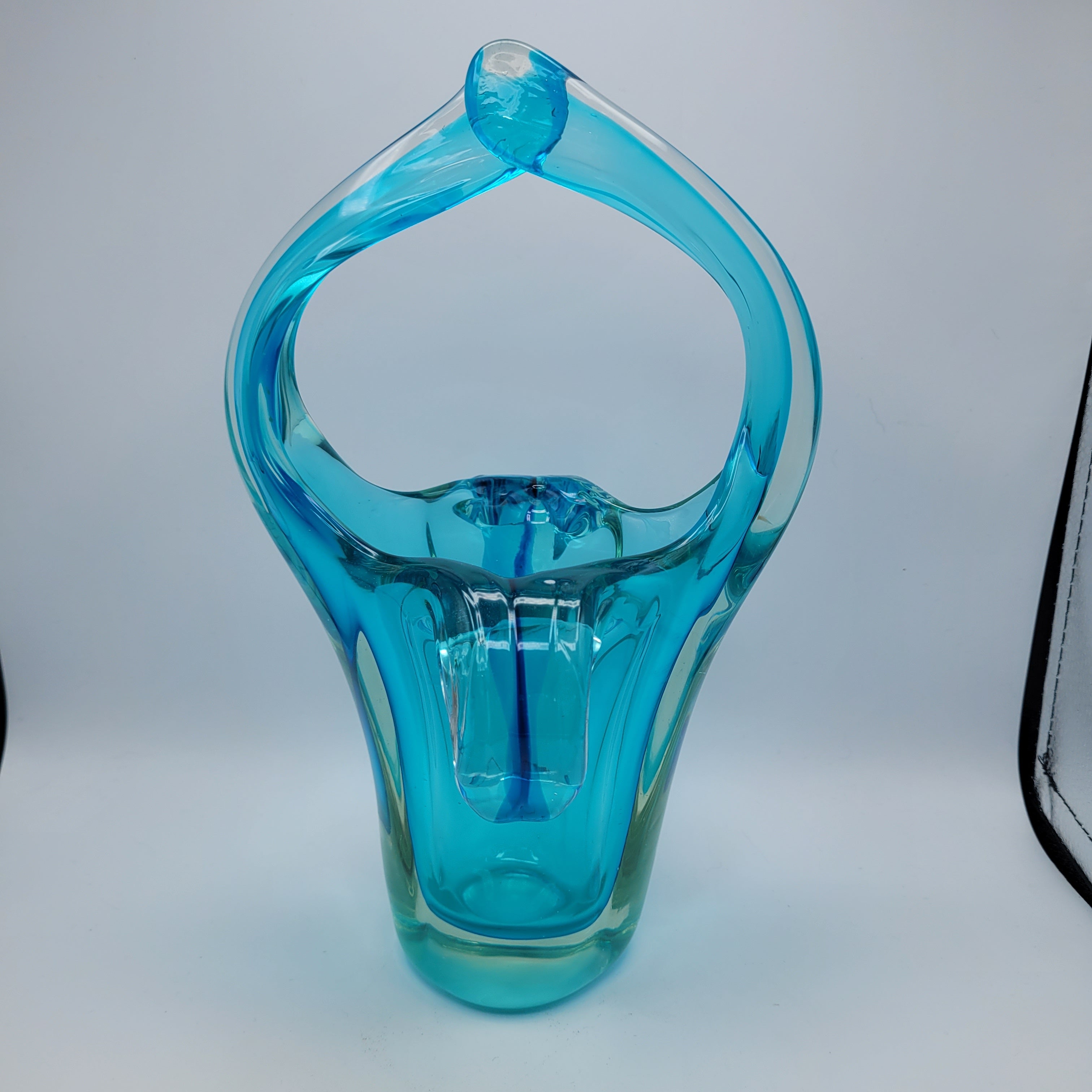Sommerso Glass Basket Vase – Turquoise & Aqua, Likely Murano, in the Manner of Seguso Vetri d’Arte, c.1960s