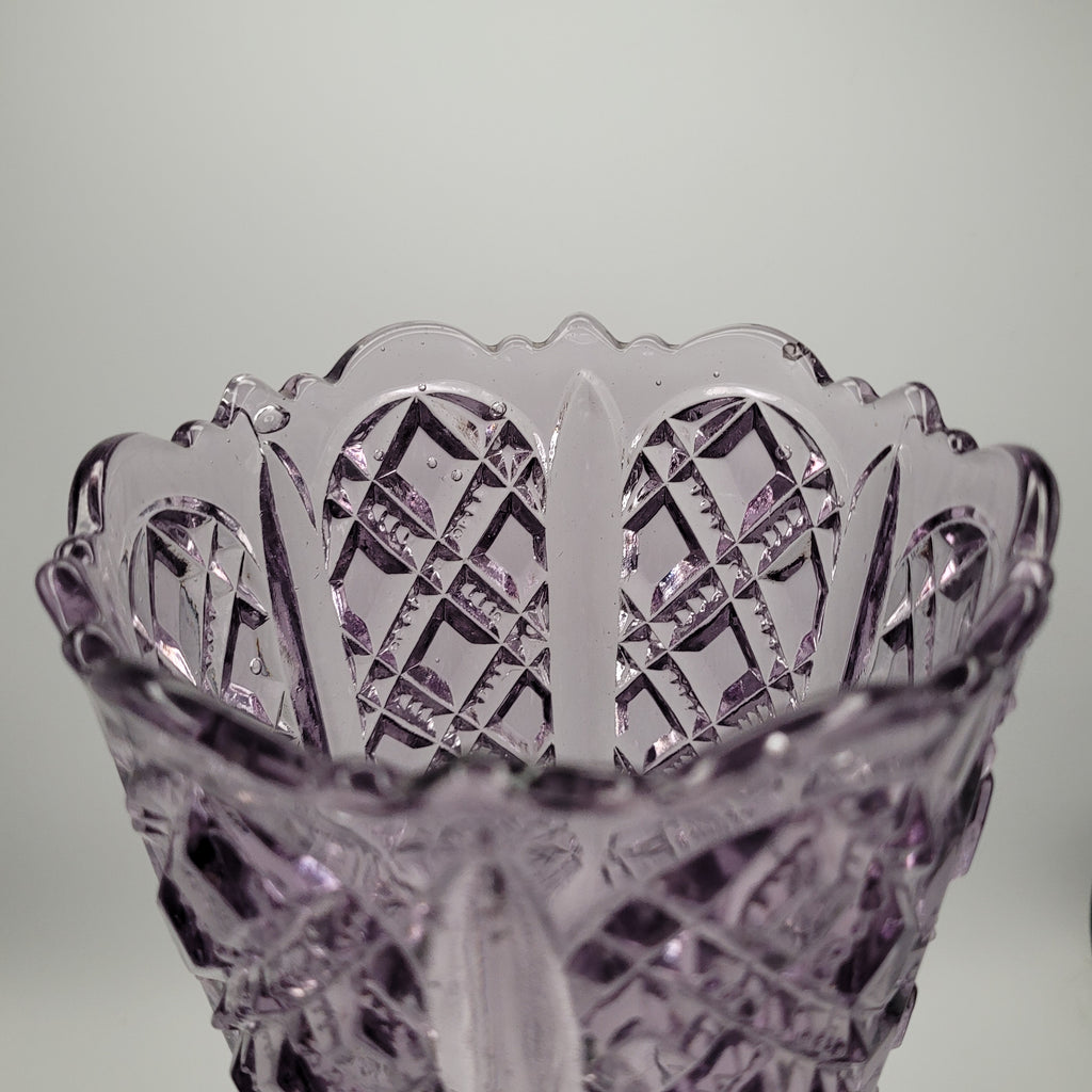 Amethyst Pressed Glass Pedestal Vase – 28cm Tall, Diamond & Fan Pattern, c.1930s–50s British