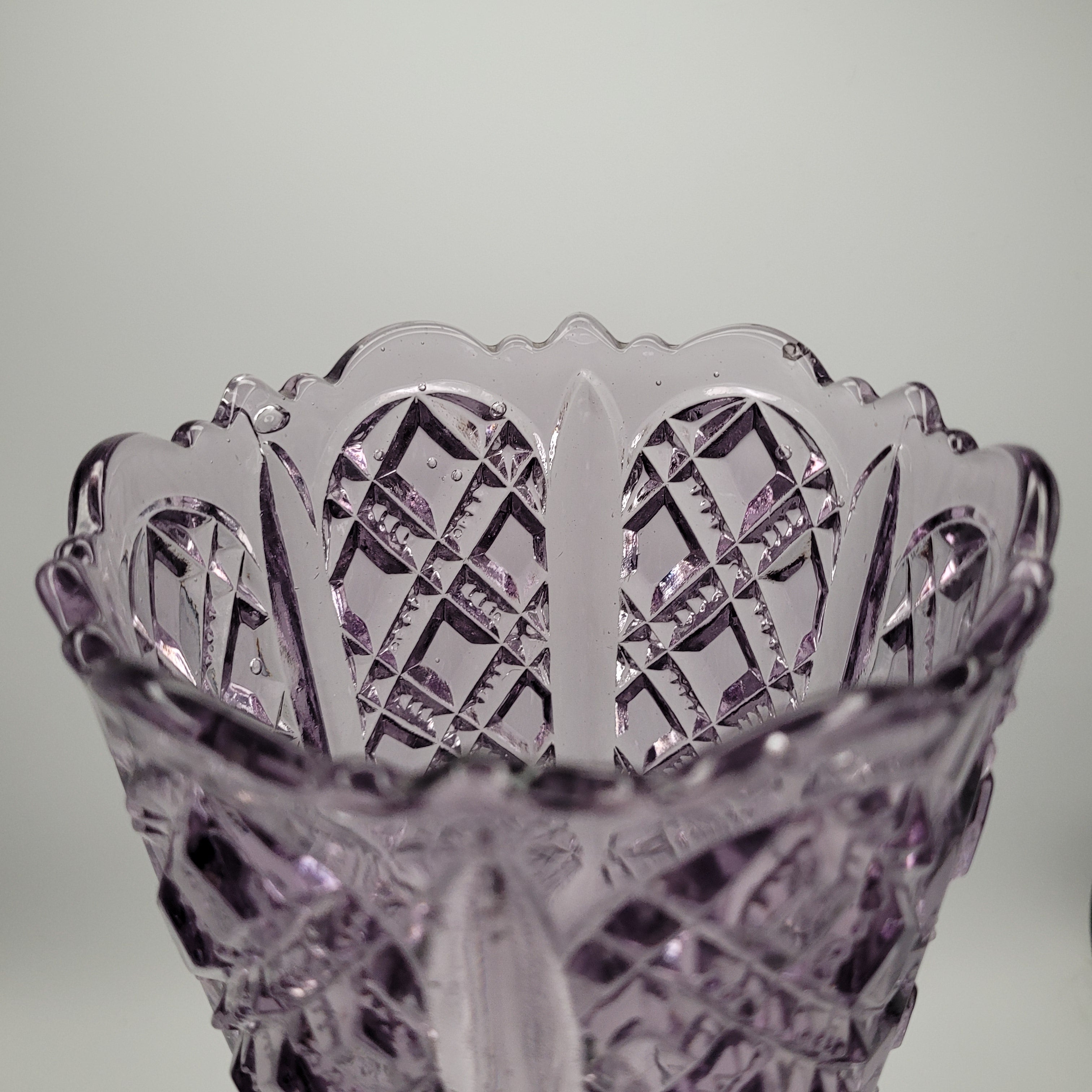 Amethyst Pressed Glass Pedestal Vase – 28cm Tall, Diamond & Fan Pattern, c.1930s–50s British