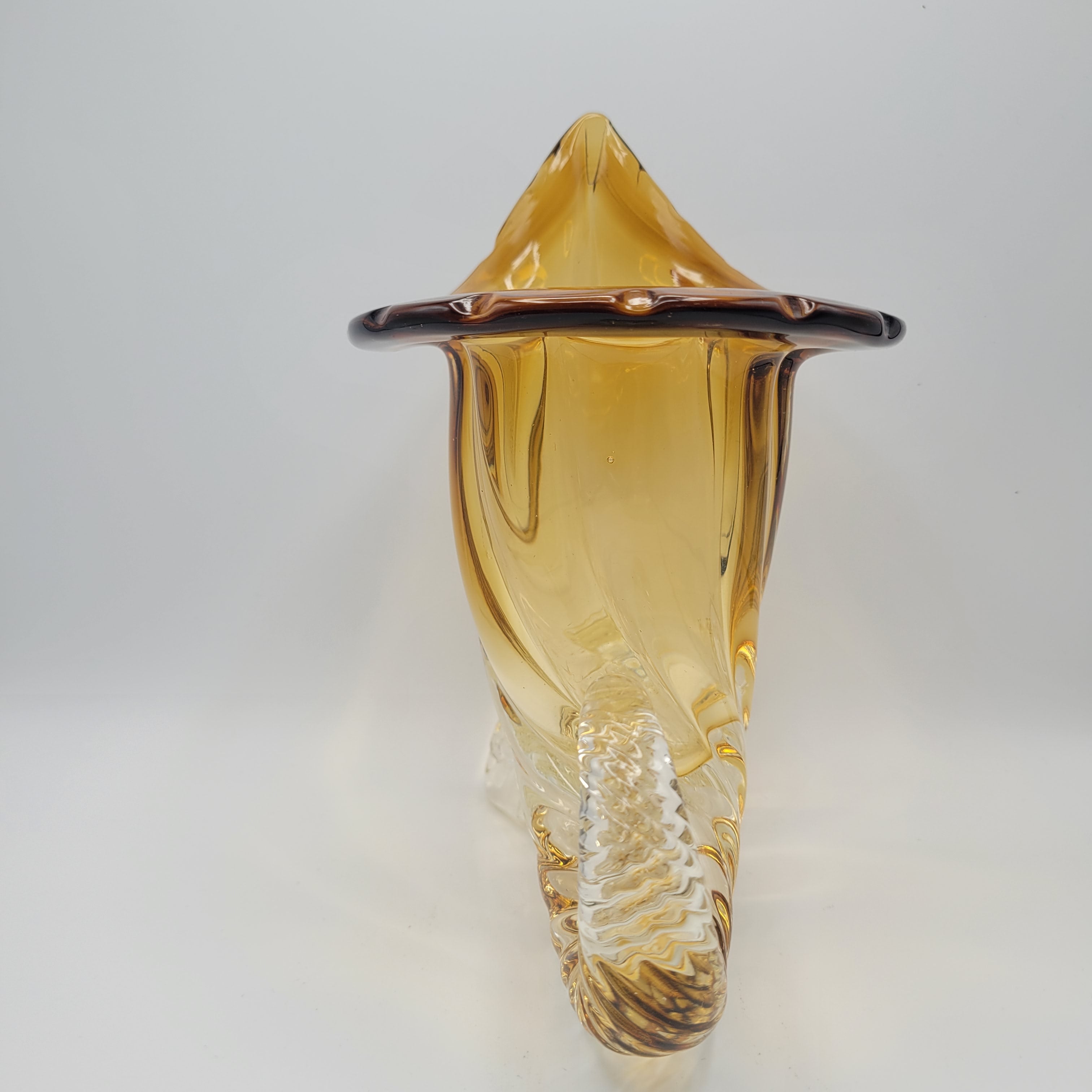 Vintage hand-blown art glass Cornucopia "Horn of Plenty" Murano School. Unmarked. Amber & Clear Vase. 1950S-1960S