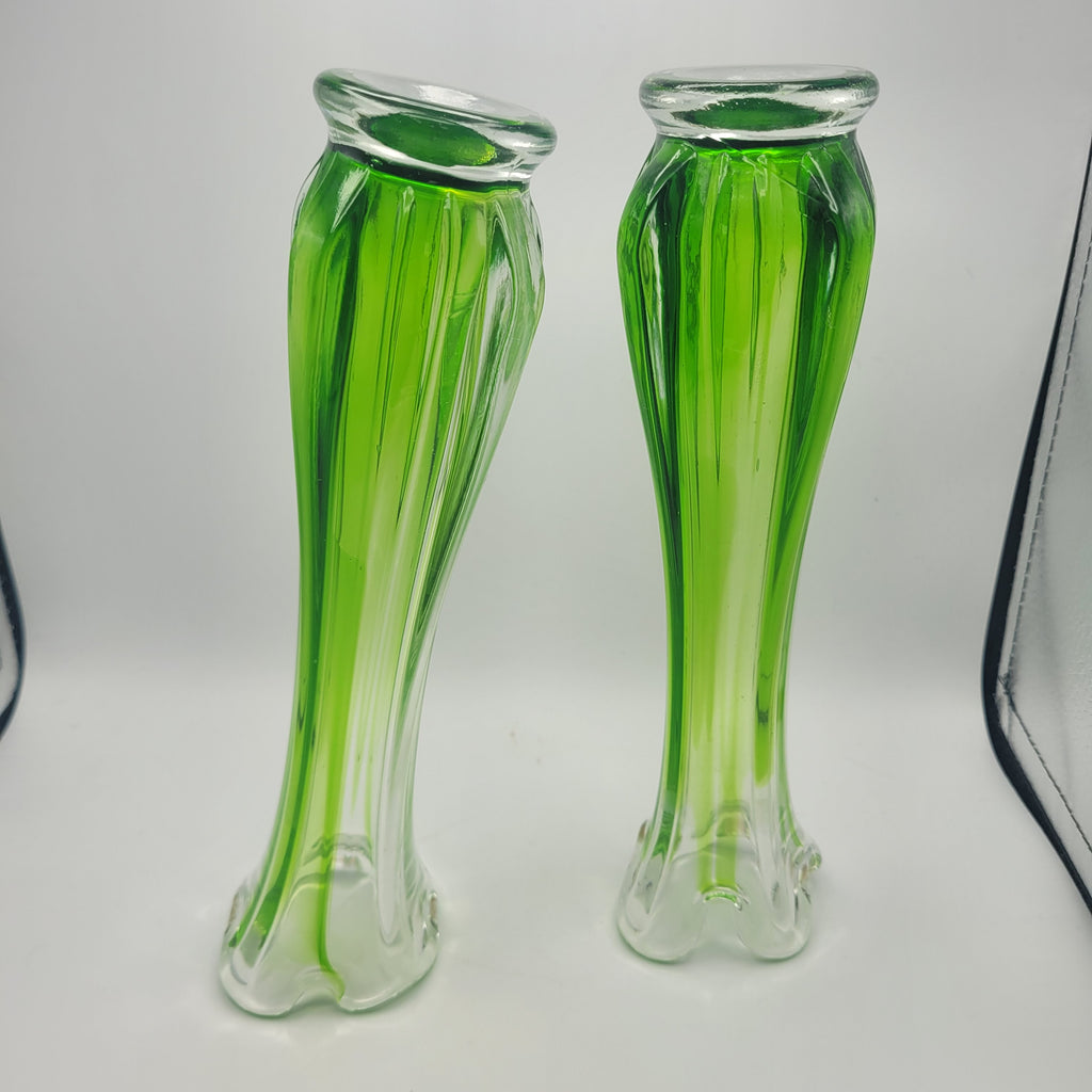 Pair of Vibrant Green Swung Vases. Likely American mid century Glassware - unmarked.